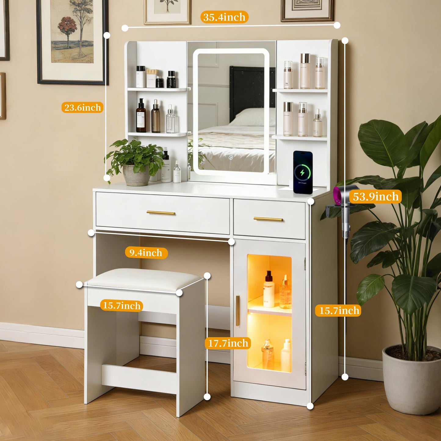 Ntufrest White LED Vanity Table with Three-Color Adjustable Light HD Mirror, USB Charging Port,Leather Stool, Double-Layer Acrylic Cabinet with Ambient Lighting,and Makeup Table with Drawer Storage