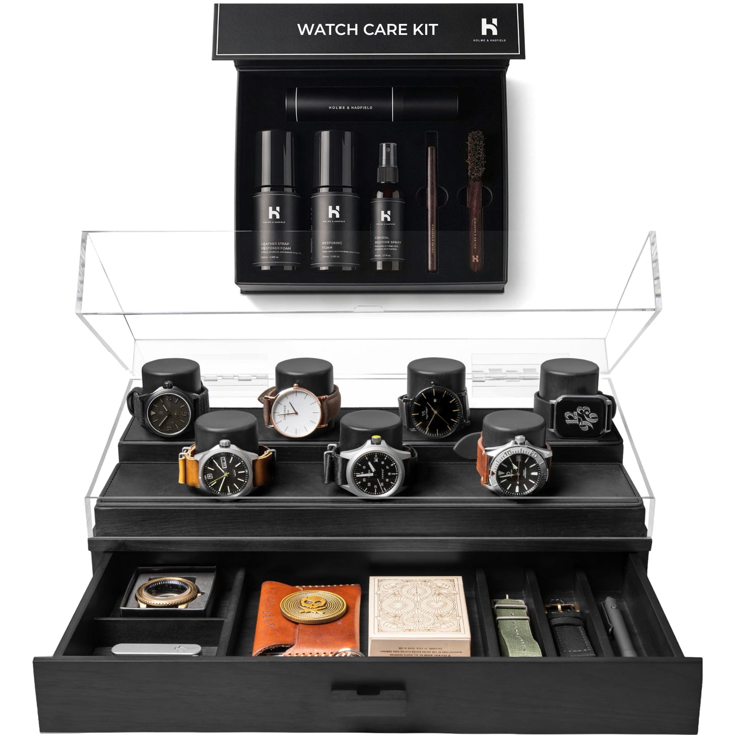 7 Slot Watch Box & Cleaning Kit Bundle – Large Wooden Watch Organizer Case + Full Watch Care Set (Crystal & Leather Care Restorer, Metal Cleaning Solution, Brushes, & Microfiber Cloth) | Gift for Men