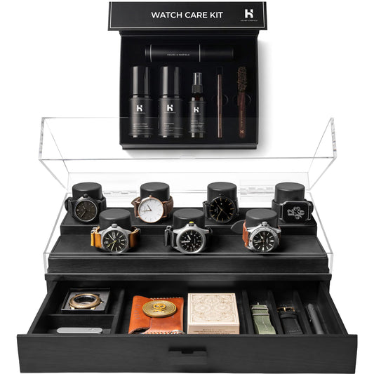 7 Slot Watch Box & Cleaning Kit Bundle – Large Wooden Watch Organizer Case + Full Watch Care Set (Crystal & Leather Care Restorer, Metal Cleaning Solution, Brushes, & Microfiber Cloth) | Gift for Men