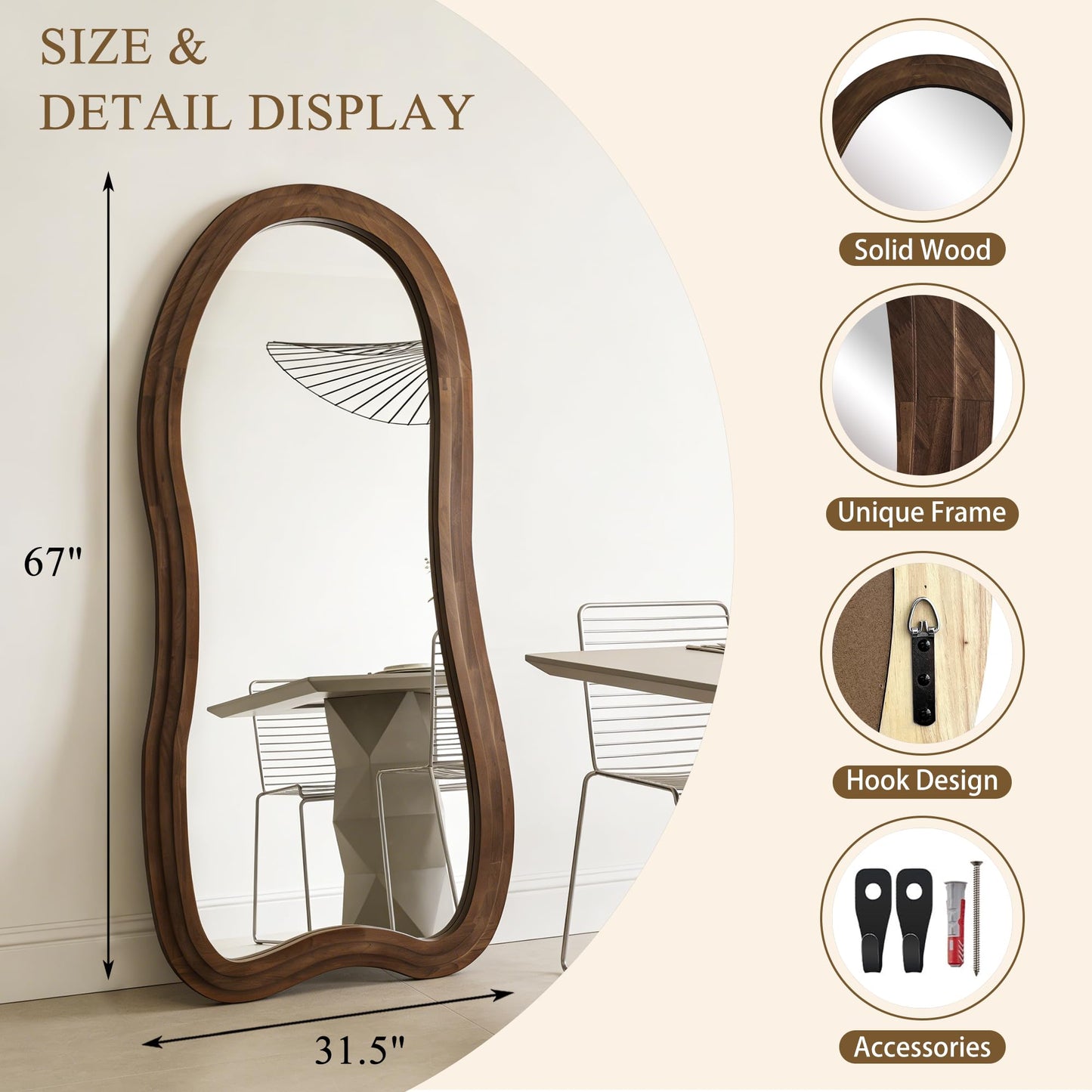 DAOYIJIAJU Large Irregular Floor Mirror, 67"x31.5" Organic Floor Mirrors with Triple Layer Solid Wood Frame, Premium Asymmetrical Full Body Mirror for Living Room Entryway Bedroom, Leaning/Hanging