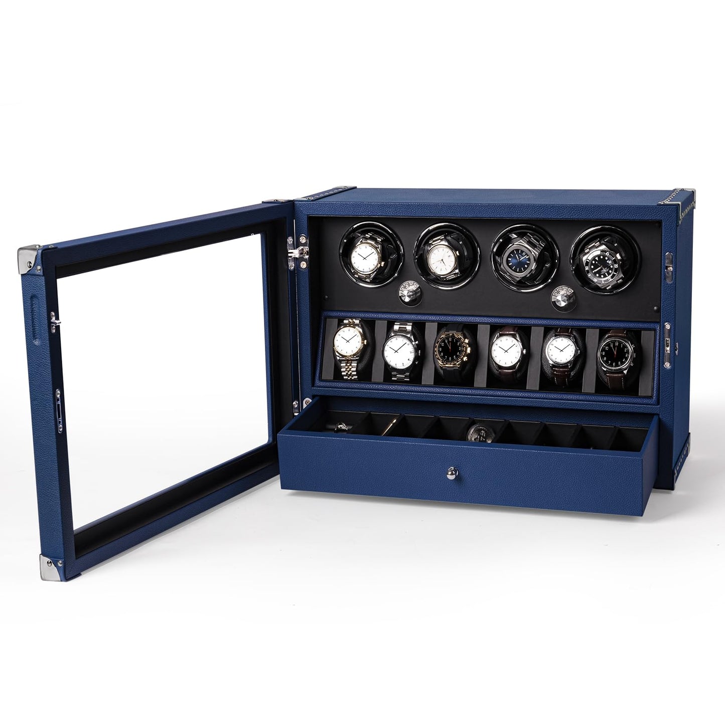 DUKWIN Watch Winder for Automatic Watches, Lockable Winders with Watch & Jewelry Storage, Super Quiet Motor with High-Gloss Finish, Built-in Illumination, Blue
