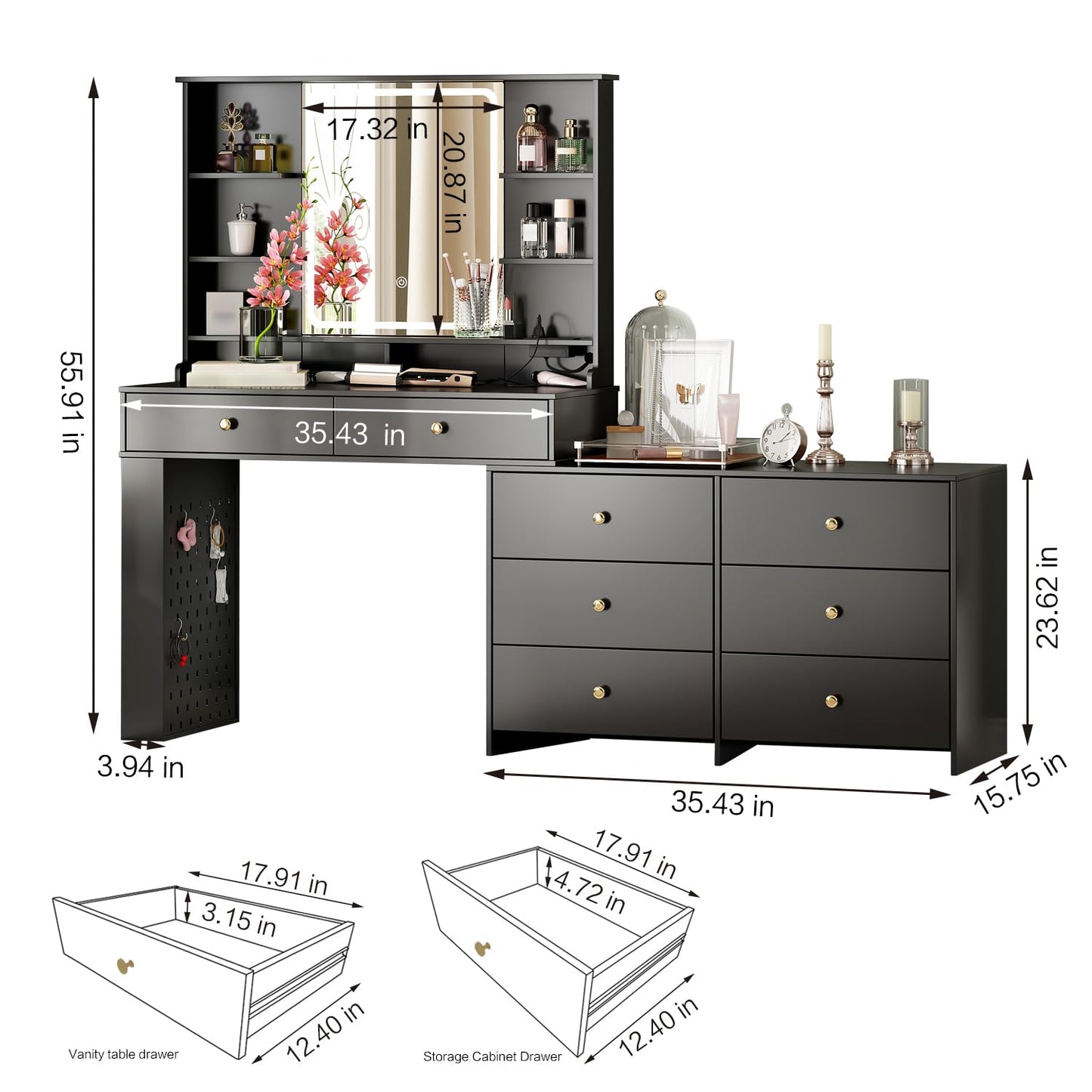 Ieejdn Makeup Vanity Desk with Mirror and Lights, Vanity Desk with 8 Drawers & Storage Shelves, Vanity Table with Power Outlet, 3 Color Modes & Adjustable Brightness Dressing Table, Bedroom,Black