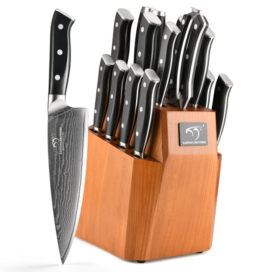 Knife Block Set, 18-Piece Damascus Kitchen Knife Sets with VG10 Core Blades, 67-Layer Damascus Steel, ABS Ergonomic Handle, Compact Knife Block Design, Suitable for Placement in Small Spaces