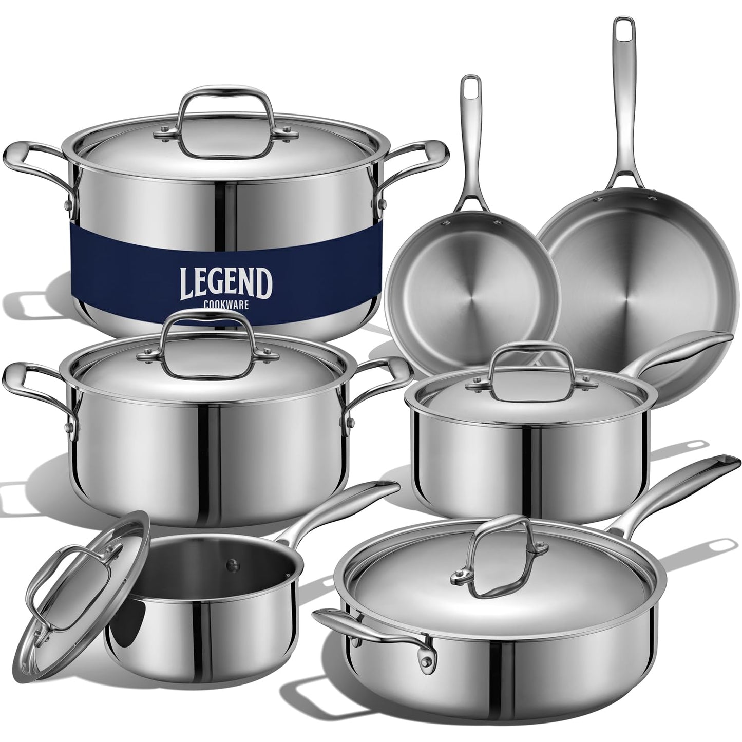 LEGEND COOKWARE 5-Ply Stainless Steel Cookware Set, 14-Piece Pots and Pans Set - Induction Compatible, Oven Safe 800°F - Non-Toxic, No Coatings - Built to Last Generations