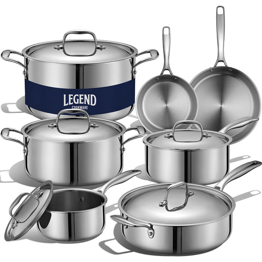 LEGEND COOKWARE 5-Ply Stainless Steel Cookware Set, 14-Piece Pots and Pans Set - Induction Compatible, Oven Safe 800°F - Non-Toxic, No Coatings - Built to Last Generations