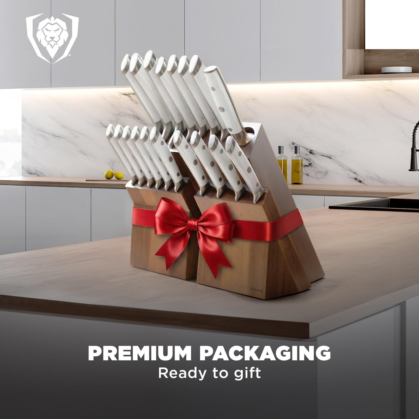 Dalstrong 18-Piece Gladiator Colossal Knife Block Set (White Handles) — German High-Carbon Steel, Full-Tang, Hand-Sharpened — For Home Chefs, Wedding Registries & Serious Kitchens — Acacia Block, NSF