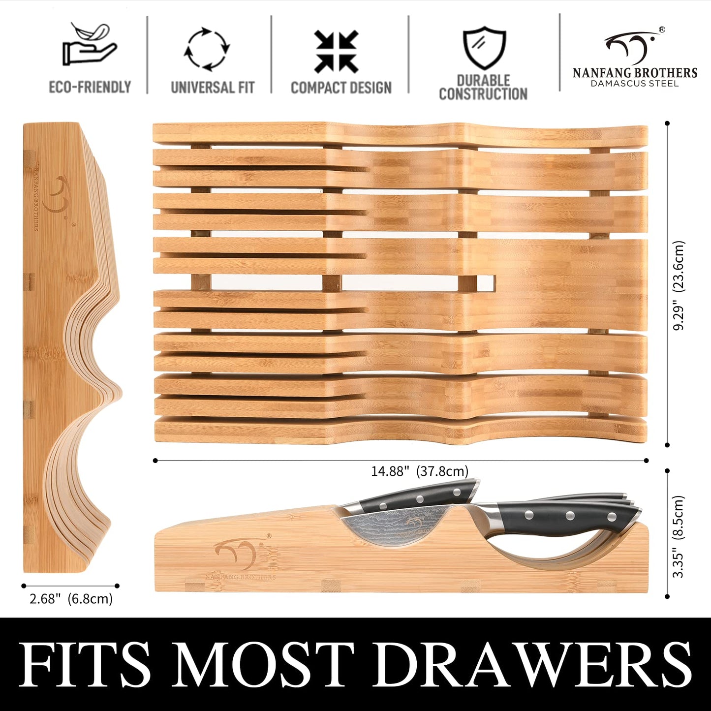In-Drawer Knife Block with 12 Pieces Japanese Damascus Knives and Sharpener, Bamboo Knife Drawer Organizer with 67-Layer Damascus Steel, Slots for 13 Knives Kitchen Drawer, Counter Top