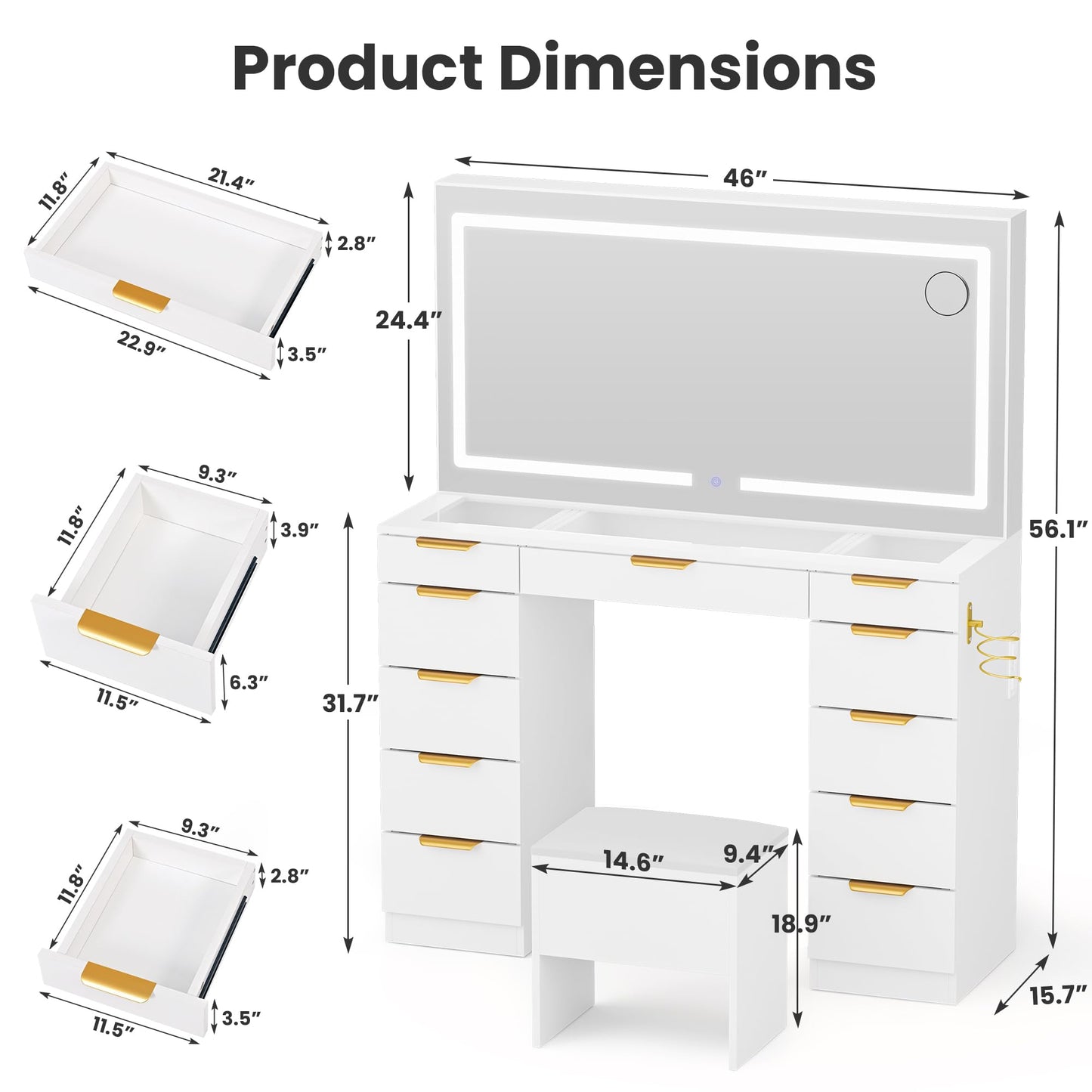 Pamapic Glass Top Vanity Desk with Mirror and Lights, 11 Drawers Makeup Vanity with Charging Station and Chair, Golden Handles Dressing Table, 3 Lighting Modes Makeup Table, White