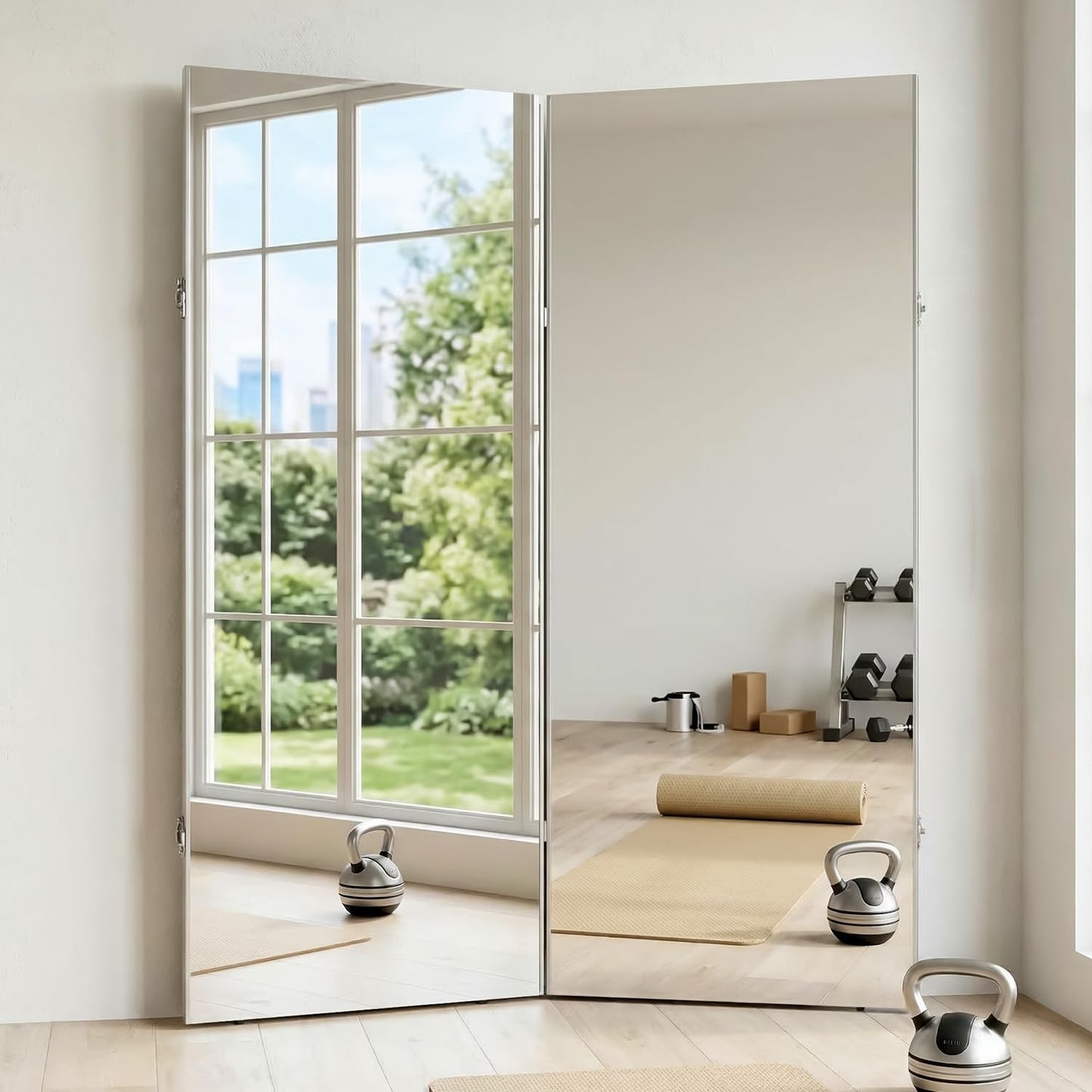 HDmuxel Space-Saving 360° Folding Full Length Mirror, 55" x 67" Oversized Standing/Leaning Mirror, Shatterproof, Lightweight Design for Home Gym, Yoga Studio, Dance Studio, Fitness Studio (Silver)