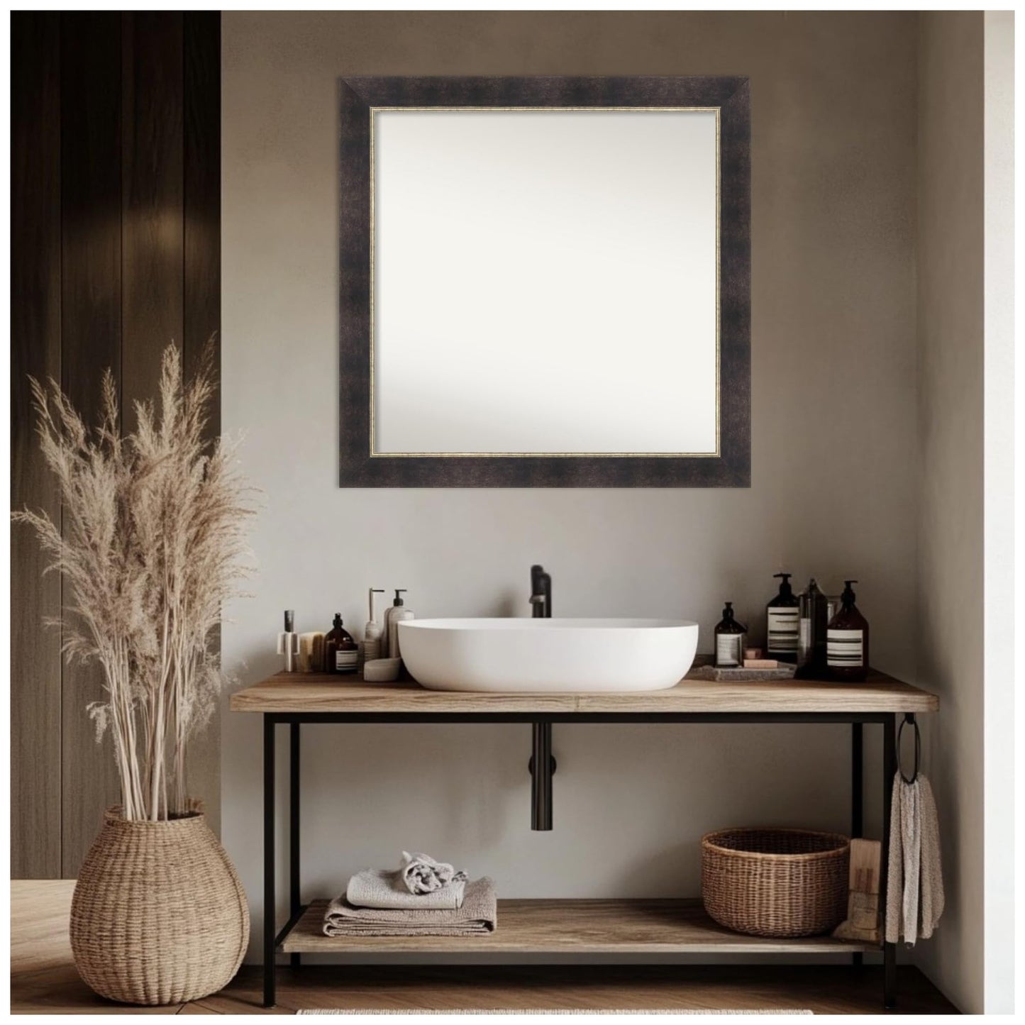 Amanti Art Bronze Bathroom Mirror for Over Sink, 31x31 Odin Antique Bronze Square Vanity Mirror, Large Modern Wood Frame, Hangs Horizonally and Vertically, Bathroom Wall Decor, Non-Beveled Edge
