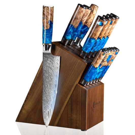 SENKEN 15-Piece Damascus Knife Block Set - "Tsunami" Collection Japanese Chef Knife Set - 67-Layer Japanese VG10 Steel Blades, Includes Chef Knife, Cleaver, 6 Steak Knives (Blue)