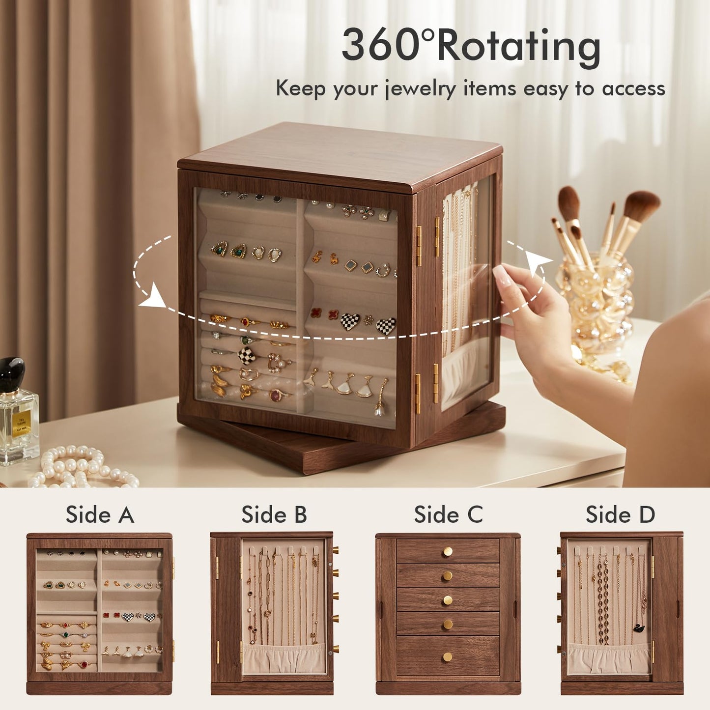 CHOSIN Black Walnut Wooden Jewelry Box, 360° Rotating Organizer with Glass Lid, 5 Drawers for Earrings, Rings, Necklaces – Vertical Jewelry Storage for Women, Ideal Gift for Her