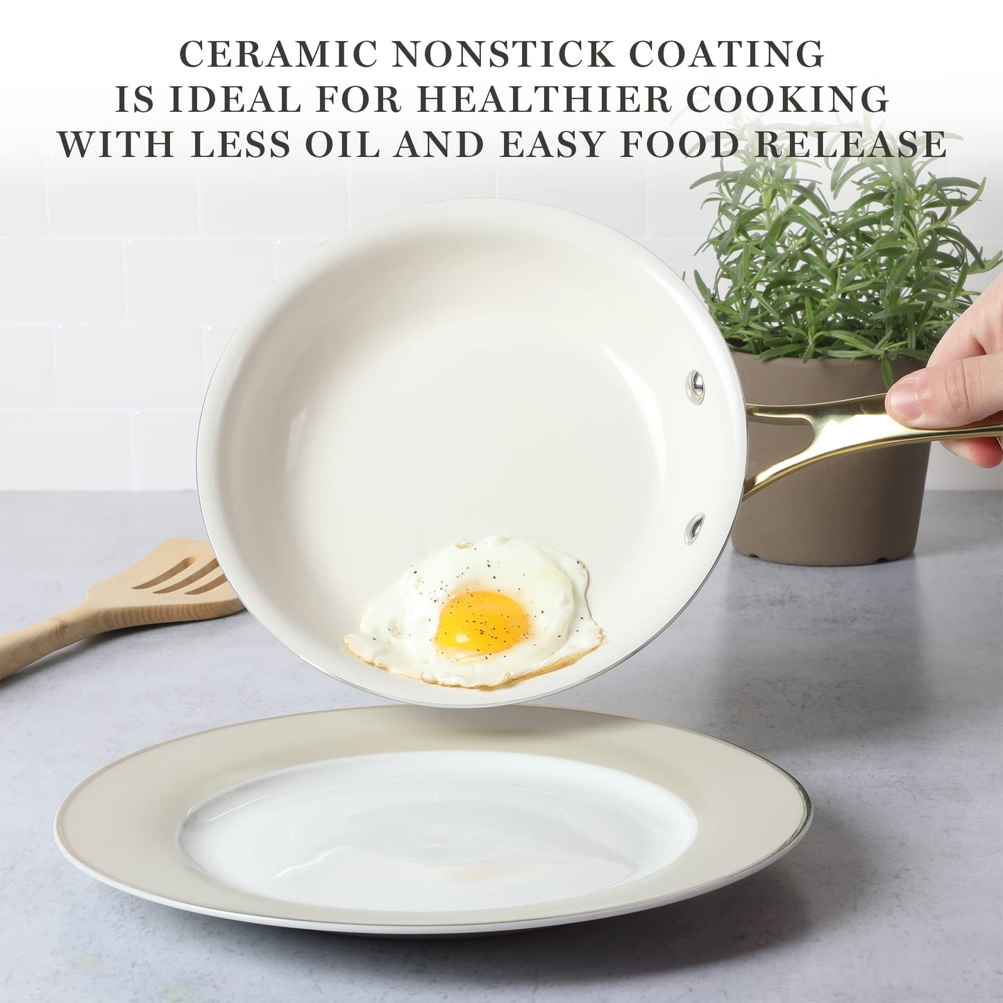 Martha Stewart Lockton Premium Nonstick PFA Free Ceramic Interior 10 Piece Heavy Gauge Enamel Aluminum Pots and Pans Cookware Set - Linen White w/Gold Handle & Gatwick 7 QT Enamel Cast Iron Dutch Oven