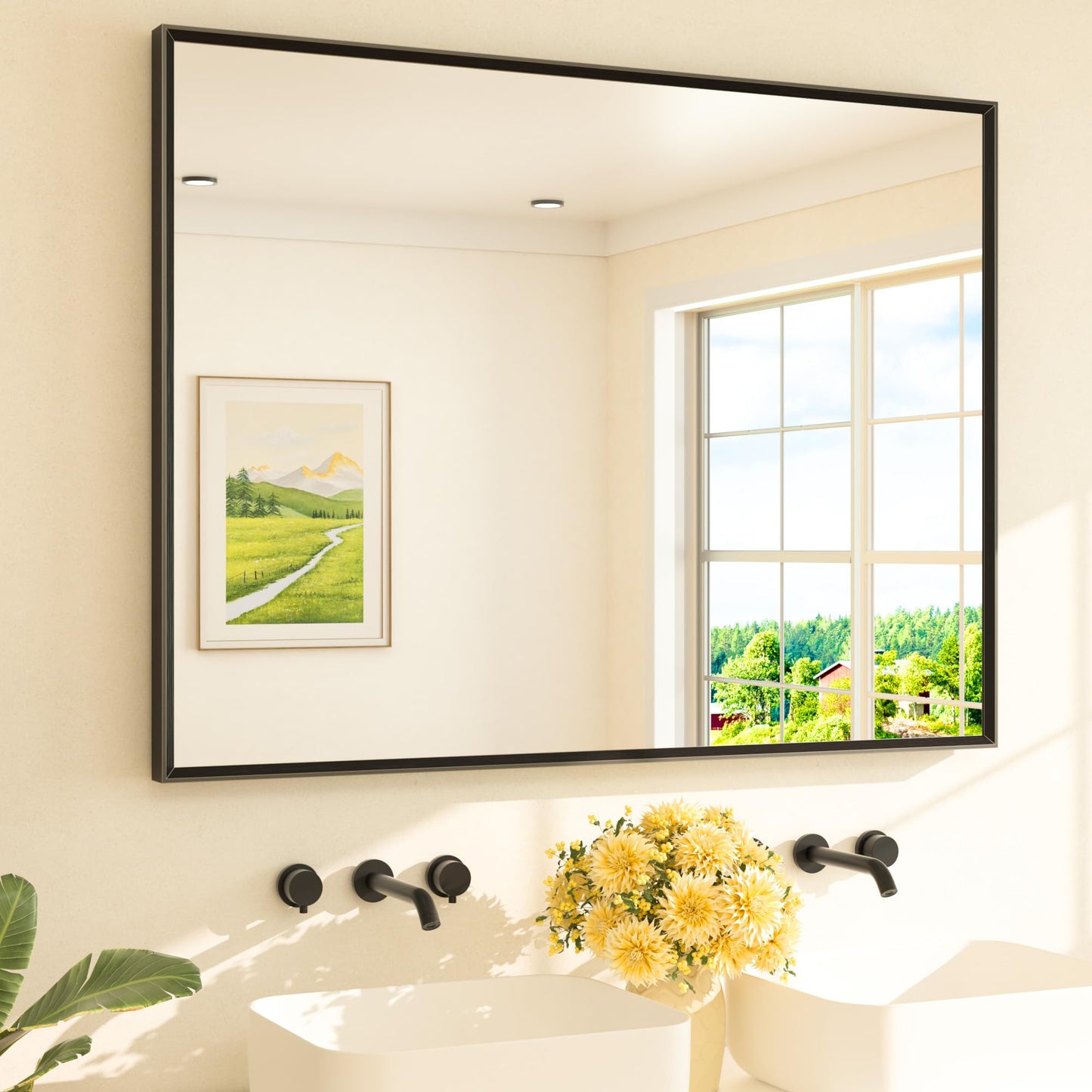 TETOTE Black Bathroom Mirror for Over Sink 48" x 36" Large Matte Black Beveled Metal Framed Rectangular Vanity Mirror for Bathroom, Bedroom, Entryway, Living Room, Tempered Glass, Shatterproof