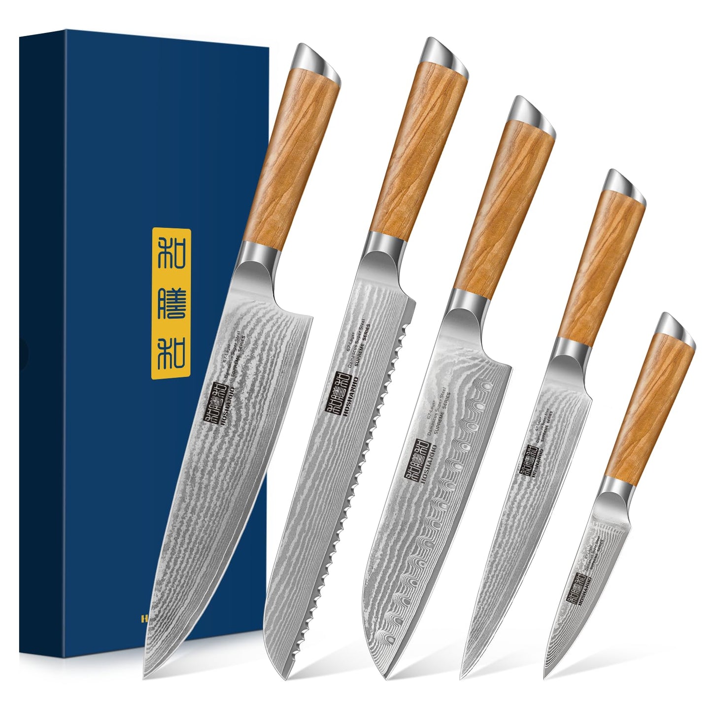 HOSHANHO 5 Pieces Kitchen Knife Sets, Ultra Sharp Professional Damascus Super Steel Chef Knives Sets with Ergonomic Olive Wood Handle, Including Chef, Bread, Santoku, Utility & Paring Knives