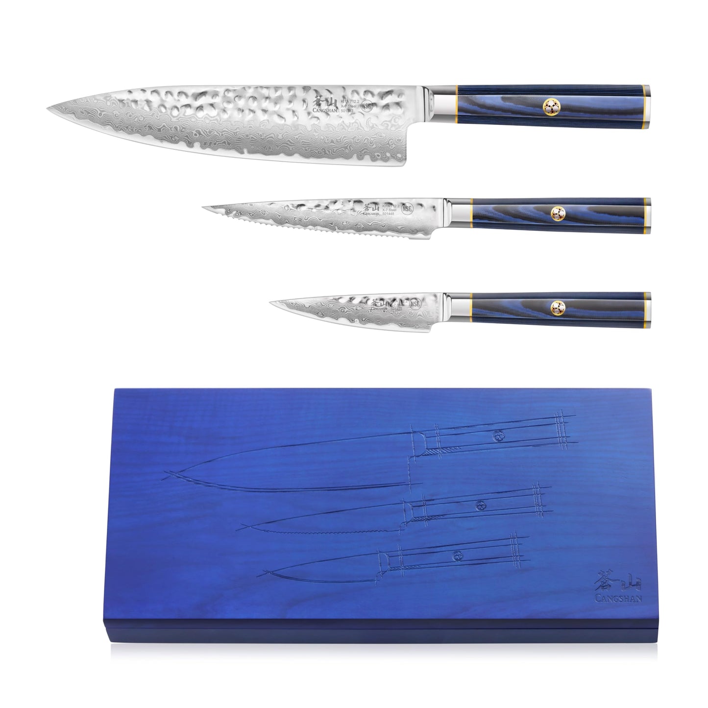 Cangshan KITA Series 3-Piece Starter Knife Set (8" Chef + Serr. Utility + 3.5" Paring) High Carbon X-7 Damascus Steel Blades with Ash Wood Box, 501530 (3pc)