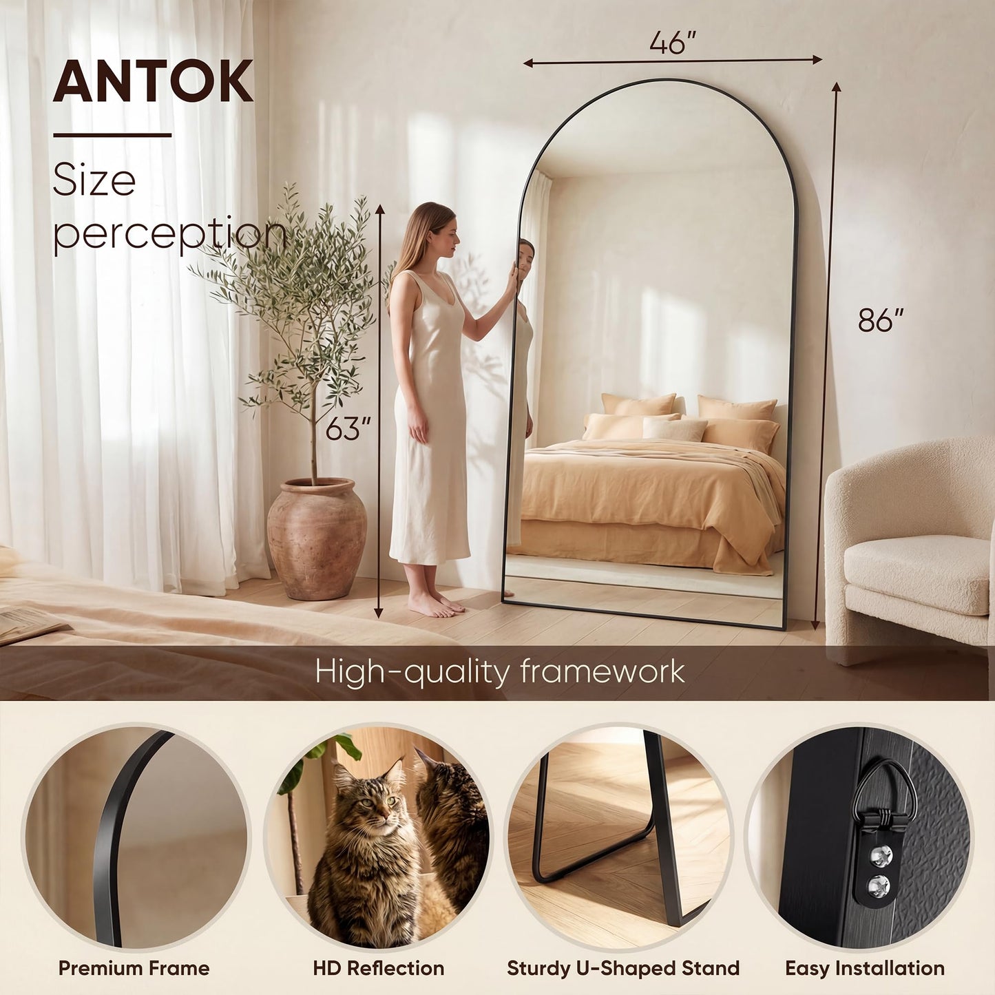 Antok 86" x46” Arched Full Length Floor Mirror, Black Aluminum Frame, Free Standing/Wall Mount/Leaning for Bedroom, Living Room, Dressing Room