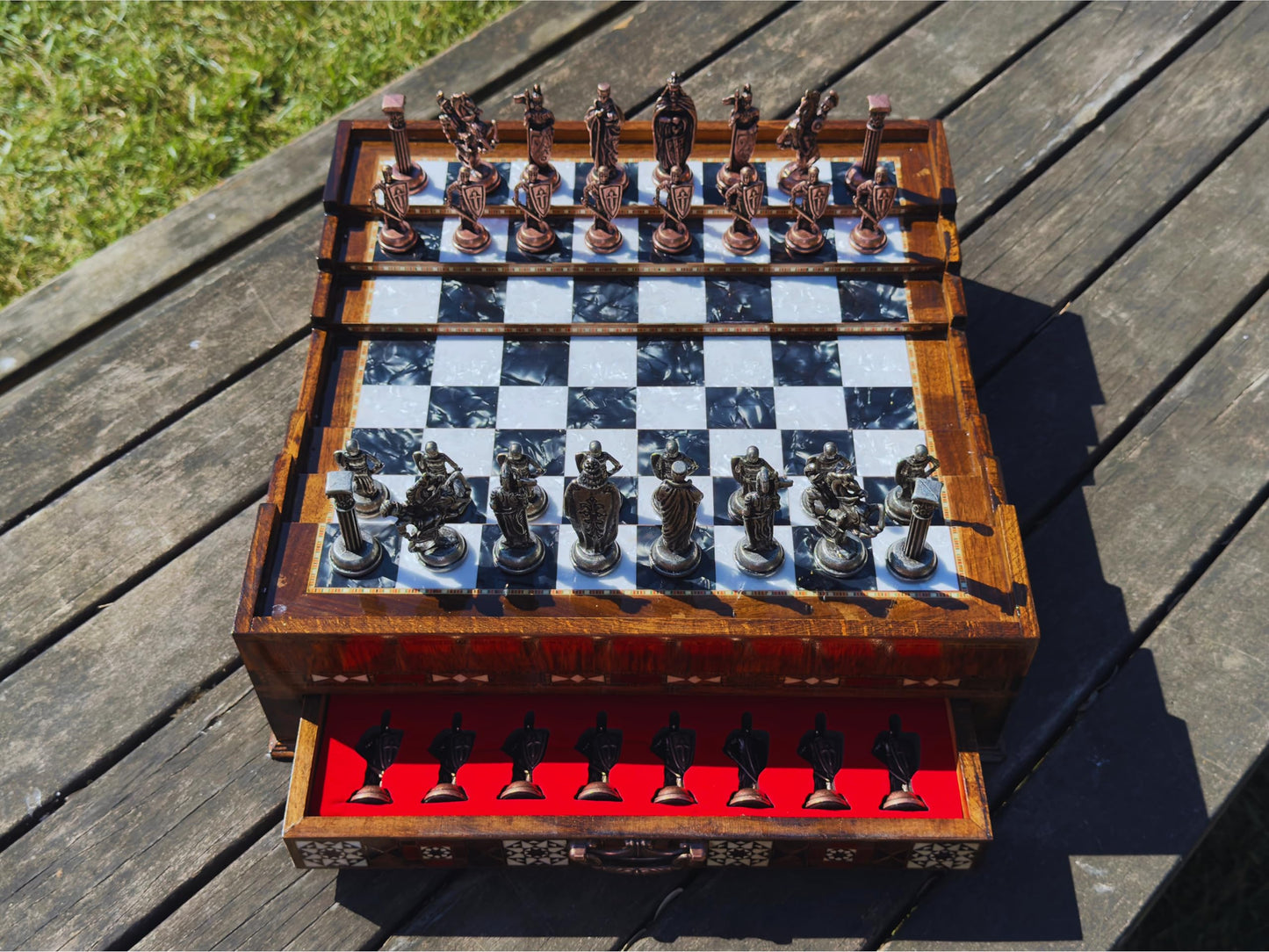 Luxury Handmade Wooden Chess Set with Storage Drawers – Large Walnut & Rosewood Chess Board with Weighted Metal British Pieces – Chess Set for Adults, Men & Dad
