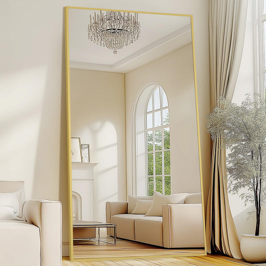 82"X44" Full Length Mirror with Stand, Oversized Floor Mirror Full Length, Tempered Glass Extra Large Free Standing Mirror for Gym Bedroom Living Room Clothing Store, Aluminum Alloy Frame, Gold