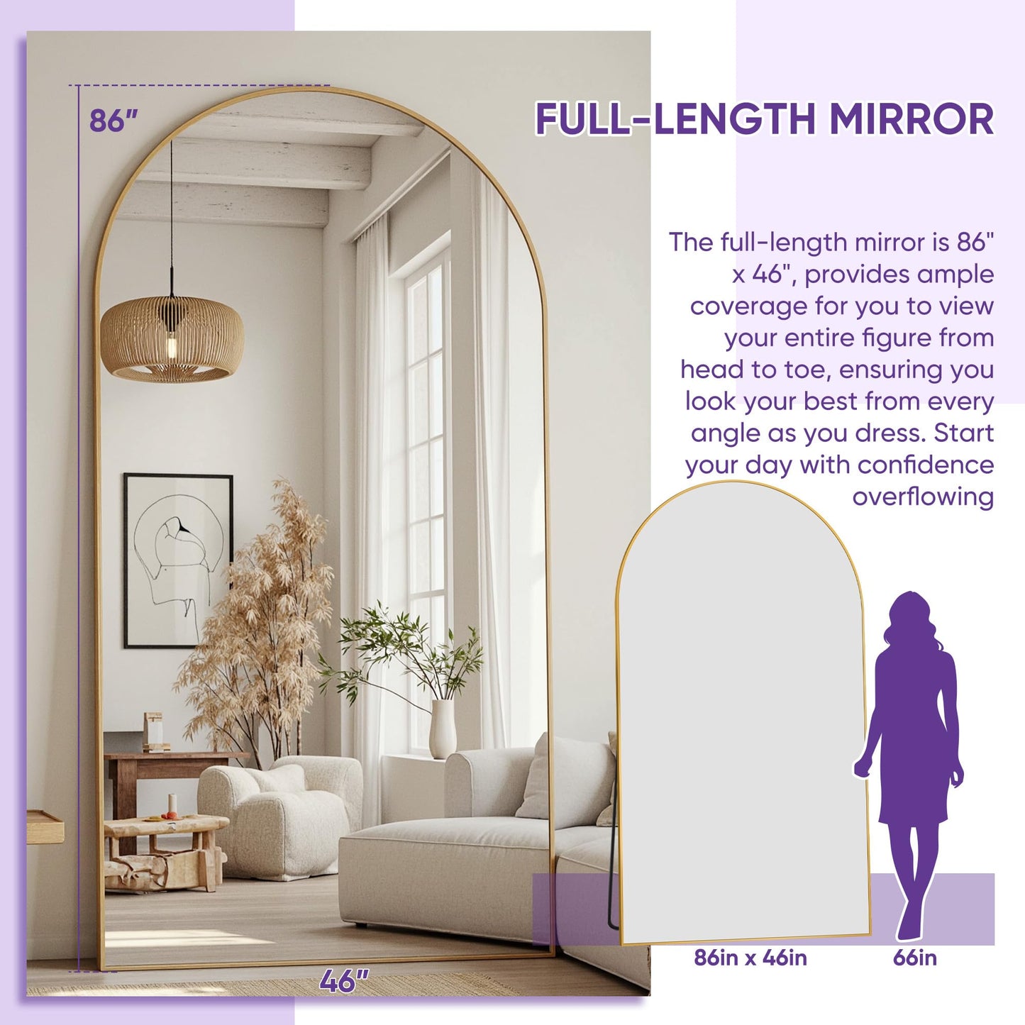 LadyNow Full Length Mirror, 86"x46" Arched Floor Mirror Freestanding, Floor Standing Full Body Mirror with Stand for Bedroom, Hanging Mounted for Living Room Cloakroom, Gold