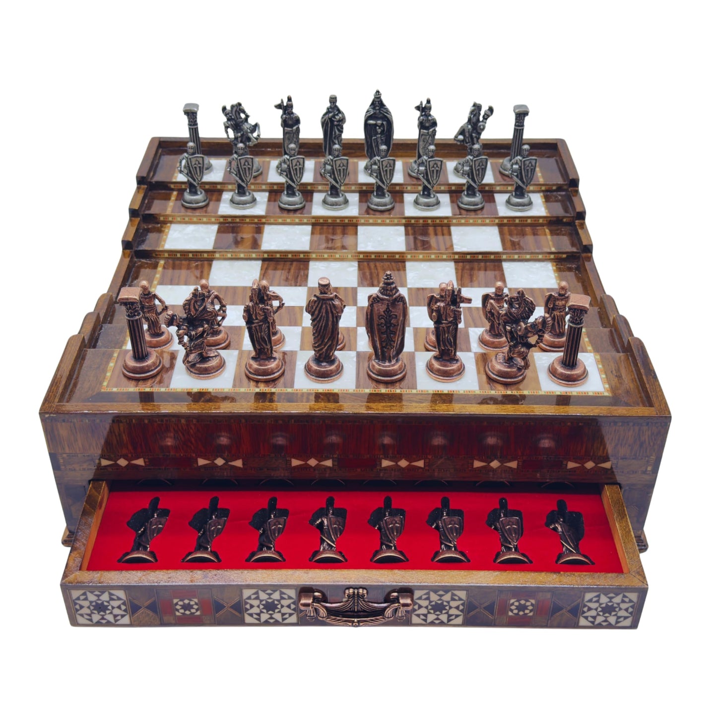 Luxury Handmade Wooden Chess Set with Metal Pieces – Large Walnut & Rosewood Chess Board with Storage Drawers – British Style Chess Pieces for Father’s Day, Birthday, or Christmas
