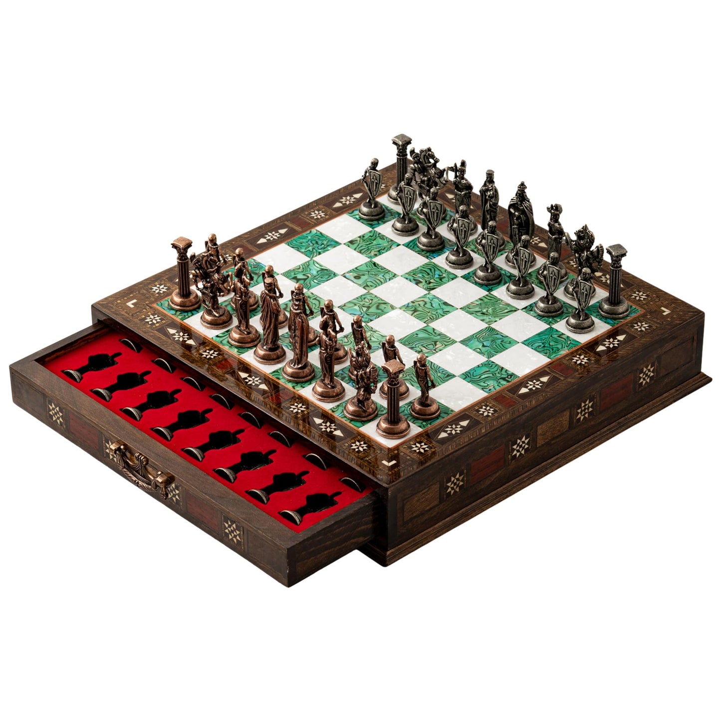 15'' Wooden Chess Set with Metal Chess Pieces – Handmade Storage Chess Board & British Metal Pieces – Elegant Chess Gift for All Ages – Gift for Him (Green)