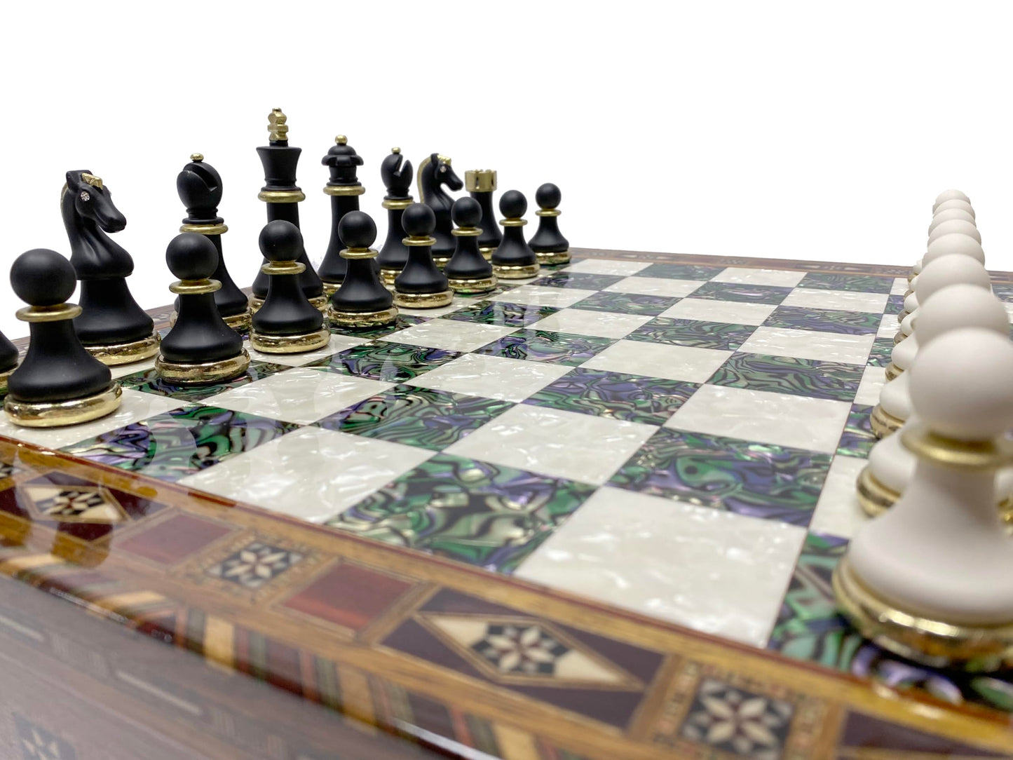 Antochia Crafts 16.5 Inches Large Chess Set - Luxury Chess Pieces with 2 Extra Queens and Wooden Chess Board with Mosaic Details (Green)