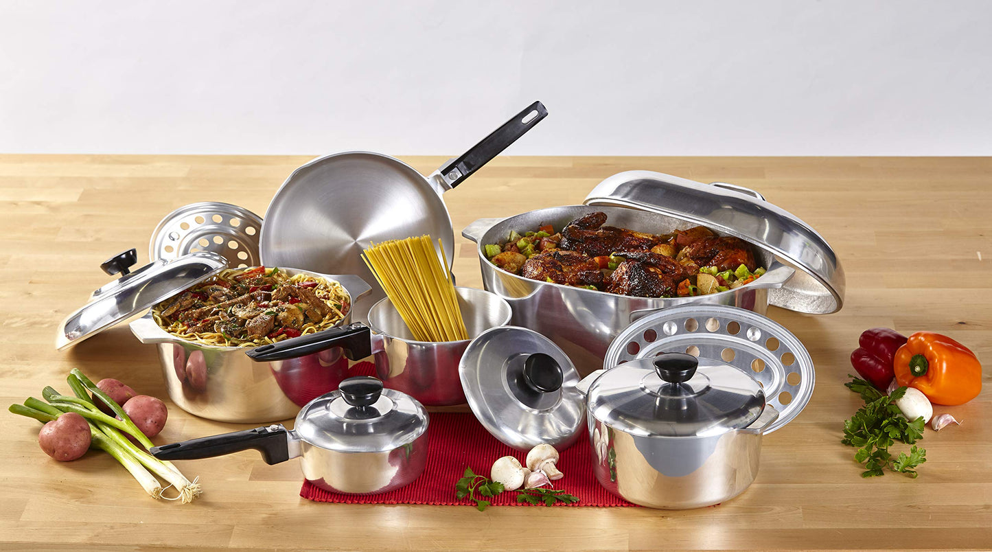 IMUSA USA Heavy Duty 13-Piece Cast Aluminum Cajun Cookware Set, Silver & USA Heavy Duty Cajun Aluminum Stock Pot 14 Quart, Silver