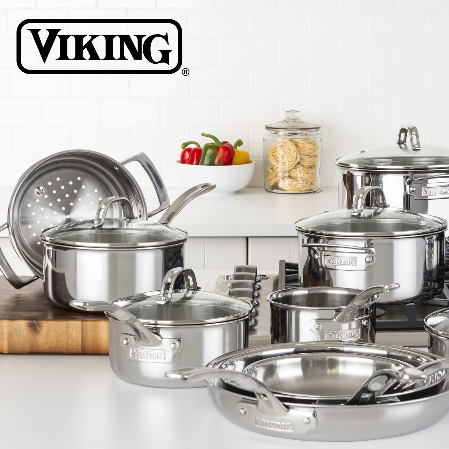 Viking 3-Ply Pots and Pans Set, 17 Piece Stainless Steel Cookware Glass Lids, Steamer Insert, Silver