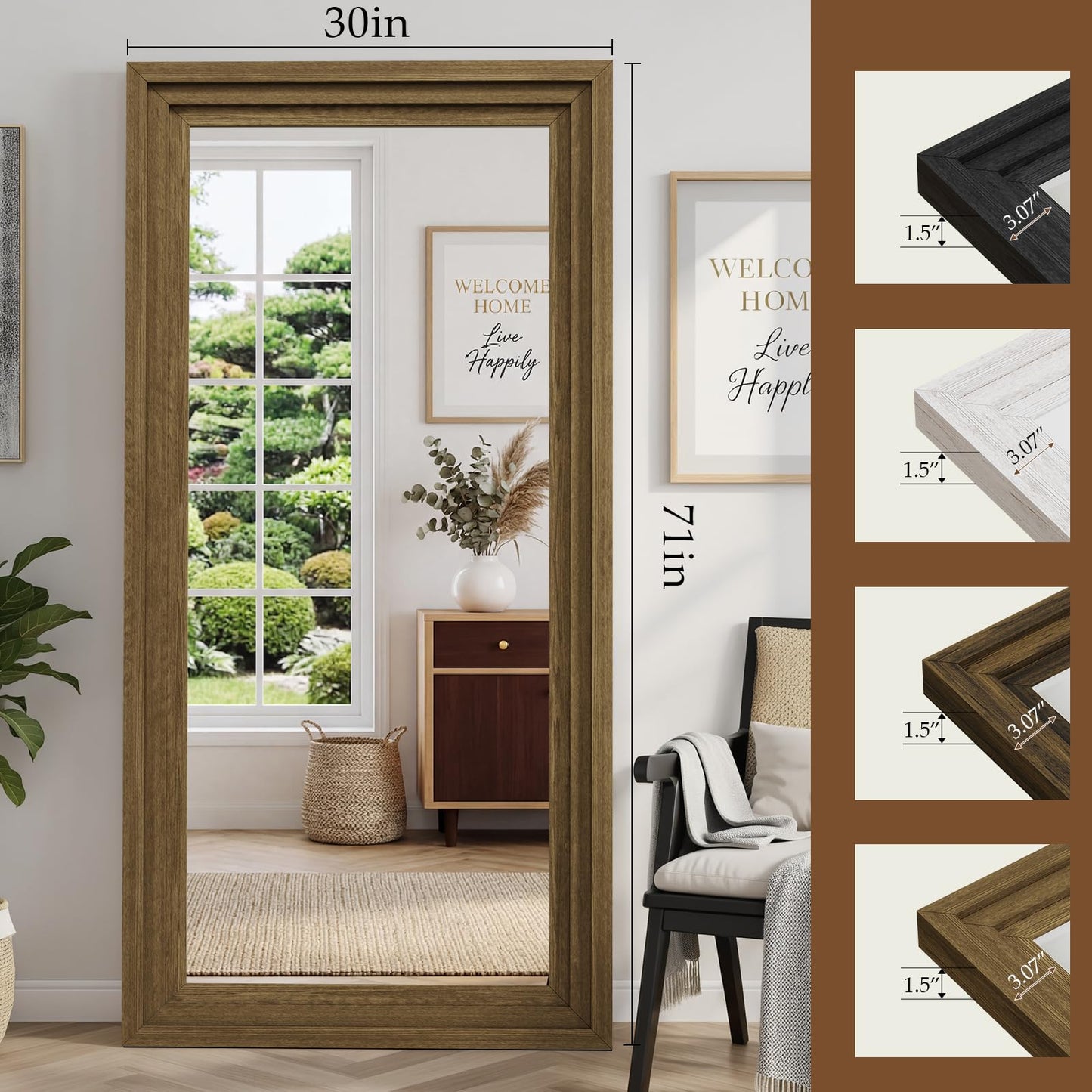 WISSMIELS Full Length Mirror 71"x30", Large Solid Wood Frame Floor Mirror, Leaning Floor Mirror, Stable Frame, Shatterproof Glass, Modern Classic Style for Bedroom, Living Room, Entryway