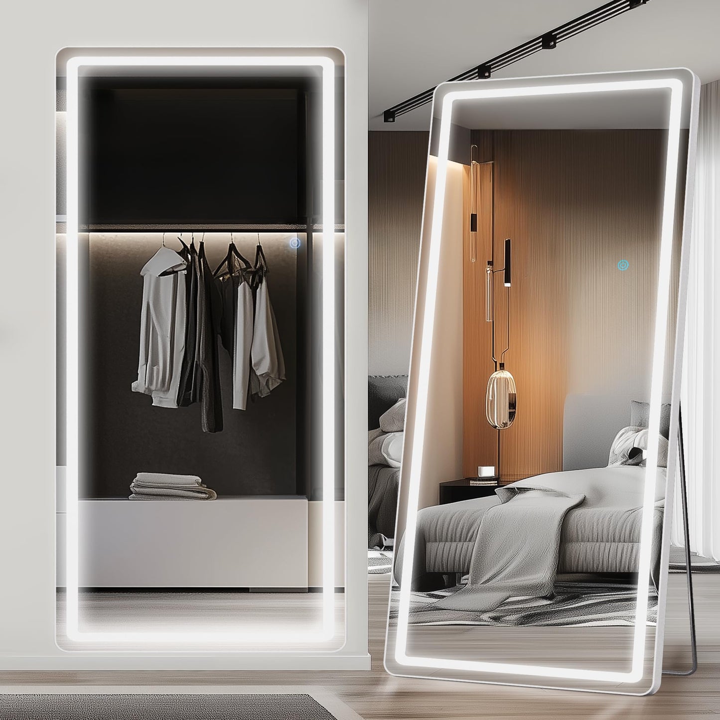 LadyNow LED Full Length Mirror, 76" x 34" Rect Style, Floor Standing or Wall Hanging, Lighted, Aluminum Frame