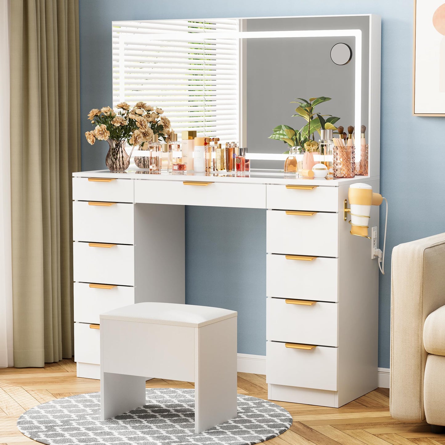 Pamapic Glass Top Vanity Desk with Mirror and Lights, 11 Drawers Makeup Vanity with Charging Station and Chair, Golden Handles Dressing Table, 3 Lighting Modes Makeup Table, White