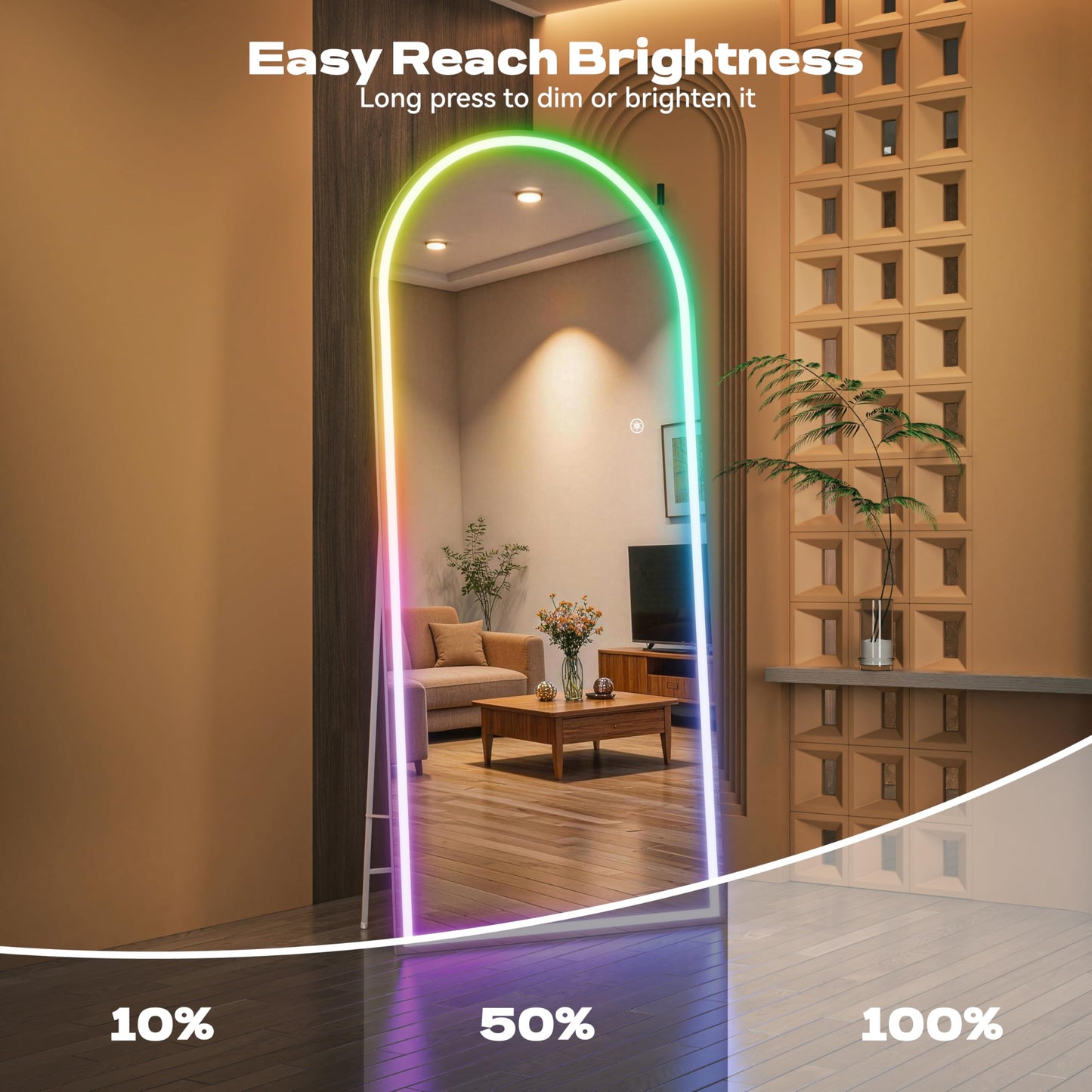 Hasipu Arch Full Length Mirror 75 x 28 in with Stand — Arch LED RGB Full Body Mirror, 7 Lighting Modes, Dimmable, Built‑in Bluetooth Speaker, White Frame for Bedroom Dressing Room