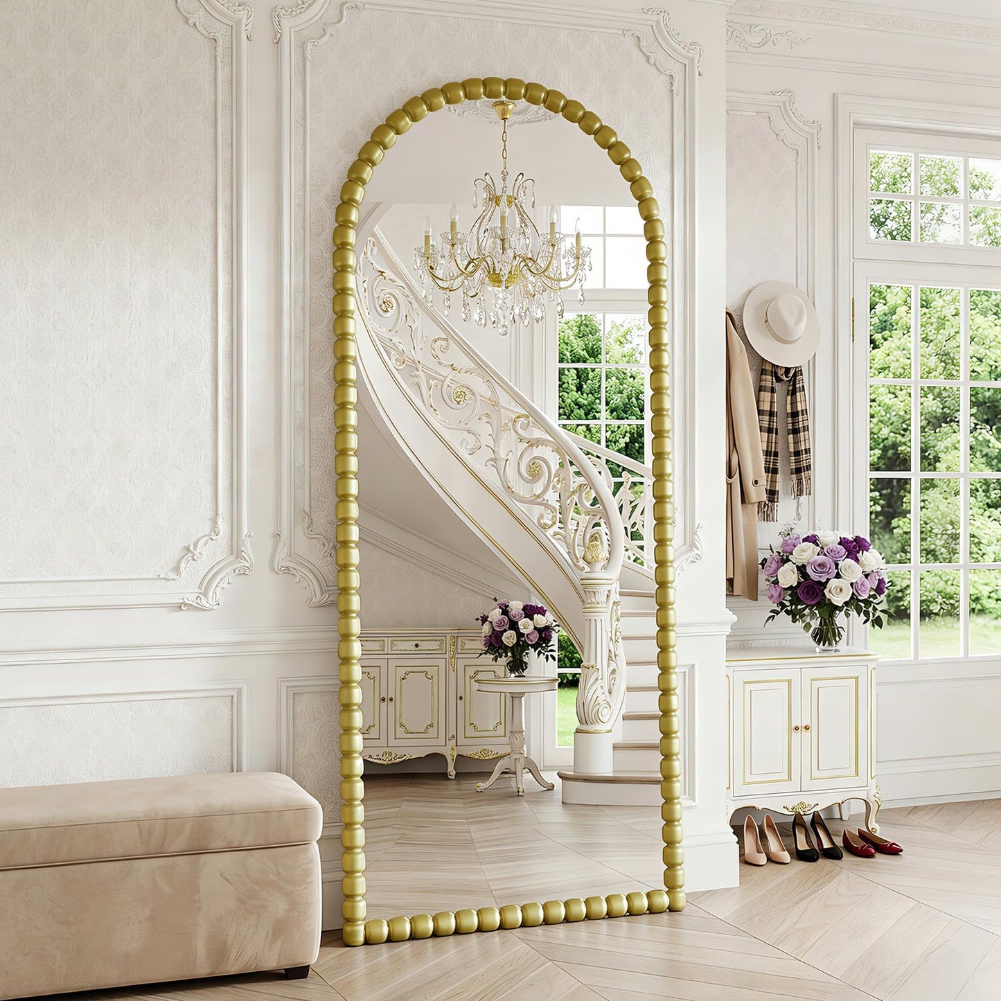 FlyEcho Arched Full Length Mirror, 71"x28" Antique Beaded Full Body Mirrors, Large Floor Mirror with Stand, Hanging Mounted for Bedroom Living Room Cloakroom Hallway Decor, PU Frame, Gold