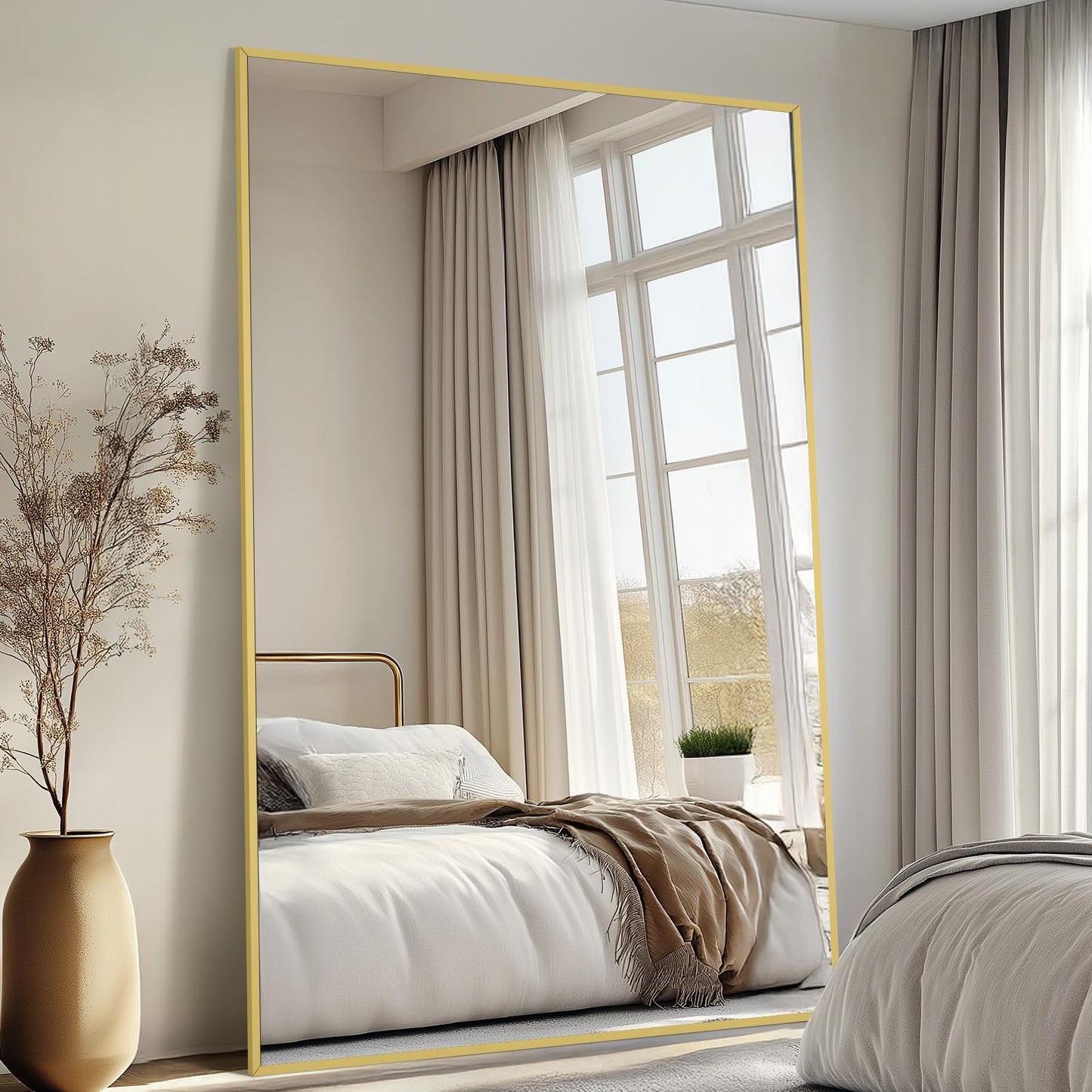 Mirrorons 76"x44" Oversized Full Length Mirror, Floor Standing or Wall Mounted with Hanging Kit, Shatterproof Tempered Glass Mirror for Living Room, Bedroom, Dressing Room, Gym (Gold)
