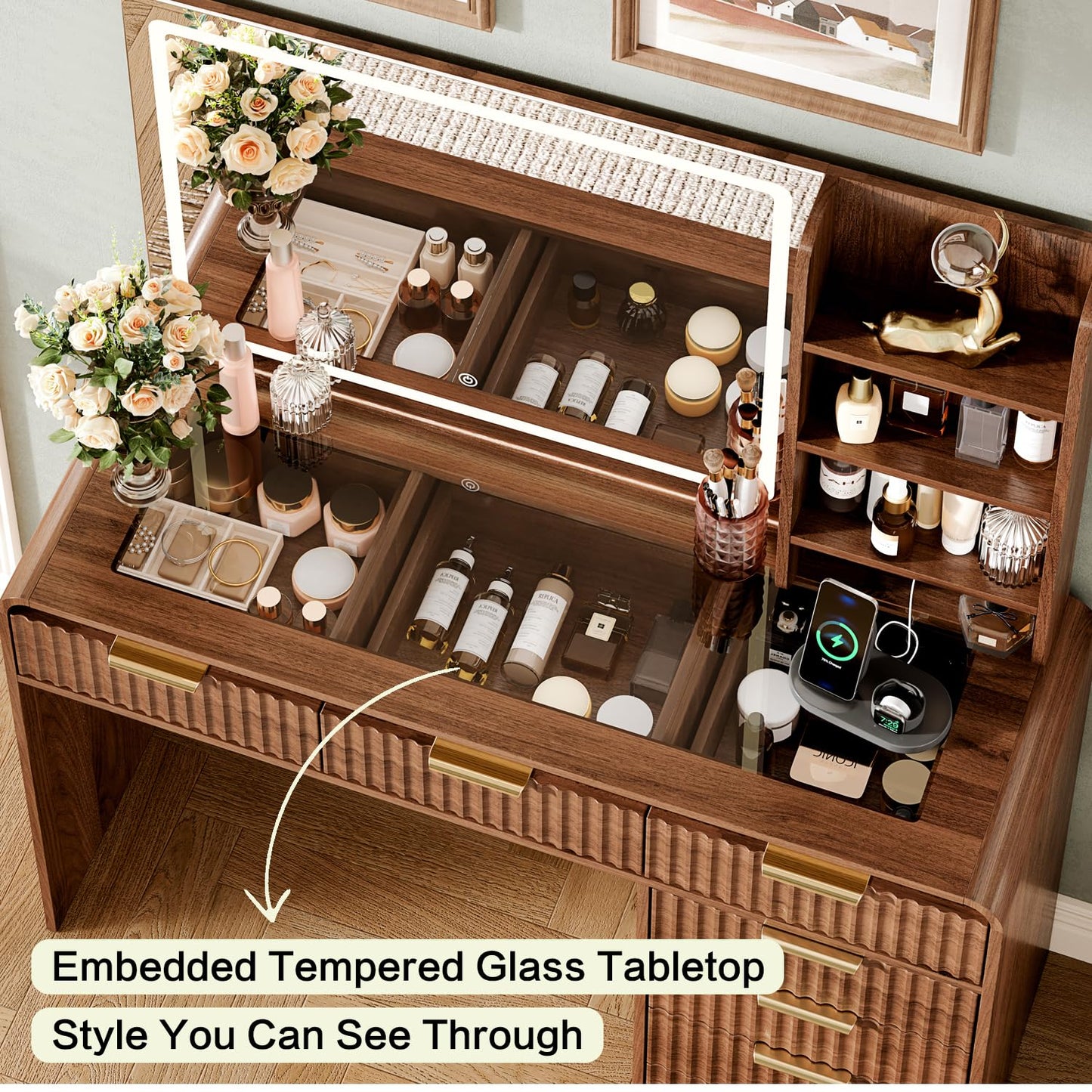 47“Makeup Vanity Desk with Mirror and Lights, Vanity Desk with 7 Drawers & Storage Shelves, Vanity Table with Power Outlet, 3 Color Modes & Adjustable Brightness Dressing Table, Bedroom,Brown