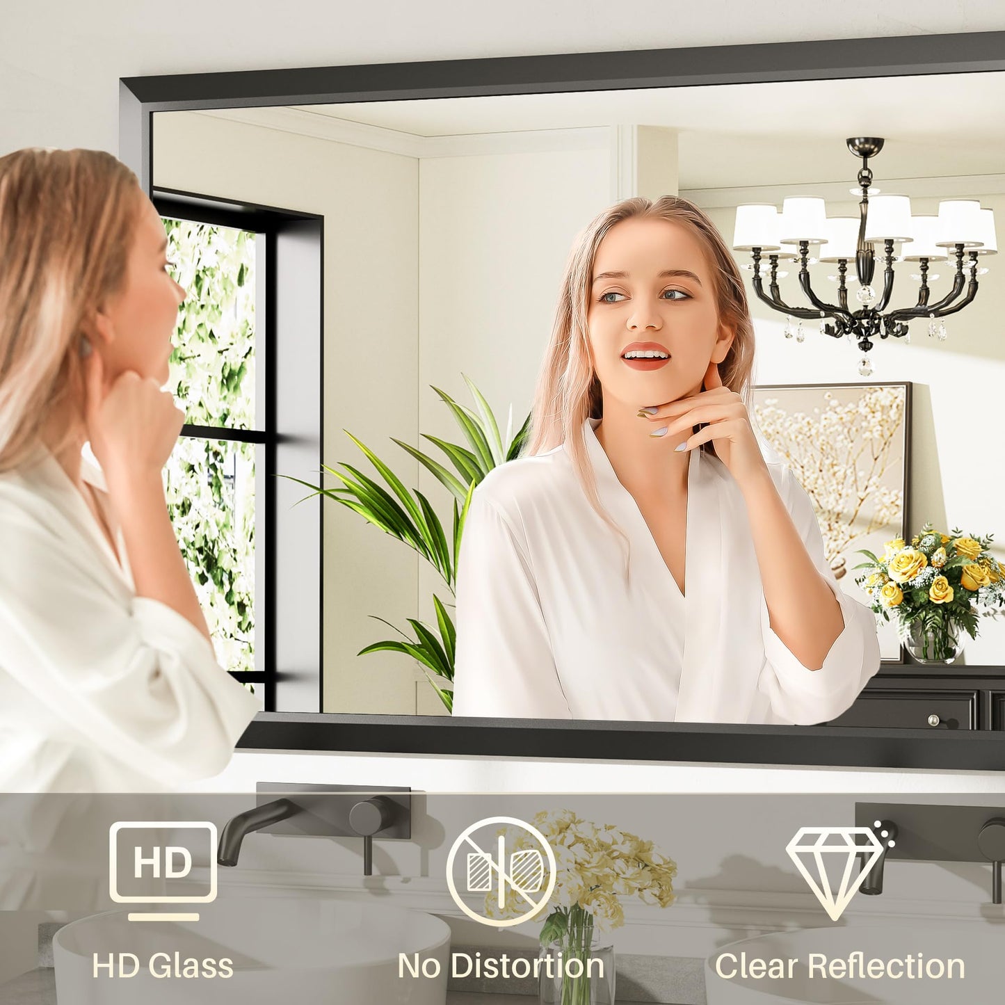 Briivue 60x40 Inch Black Bathroom Mirror for Wall, Thick Metal Framed Rectangle Mirrors for Over Sink, Bedroom, Living Room, Entryway, Anti-Rust, HD Tempered Glass