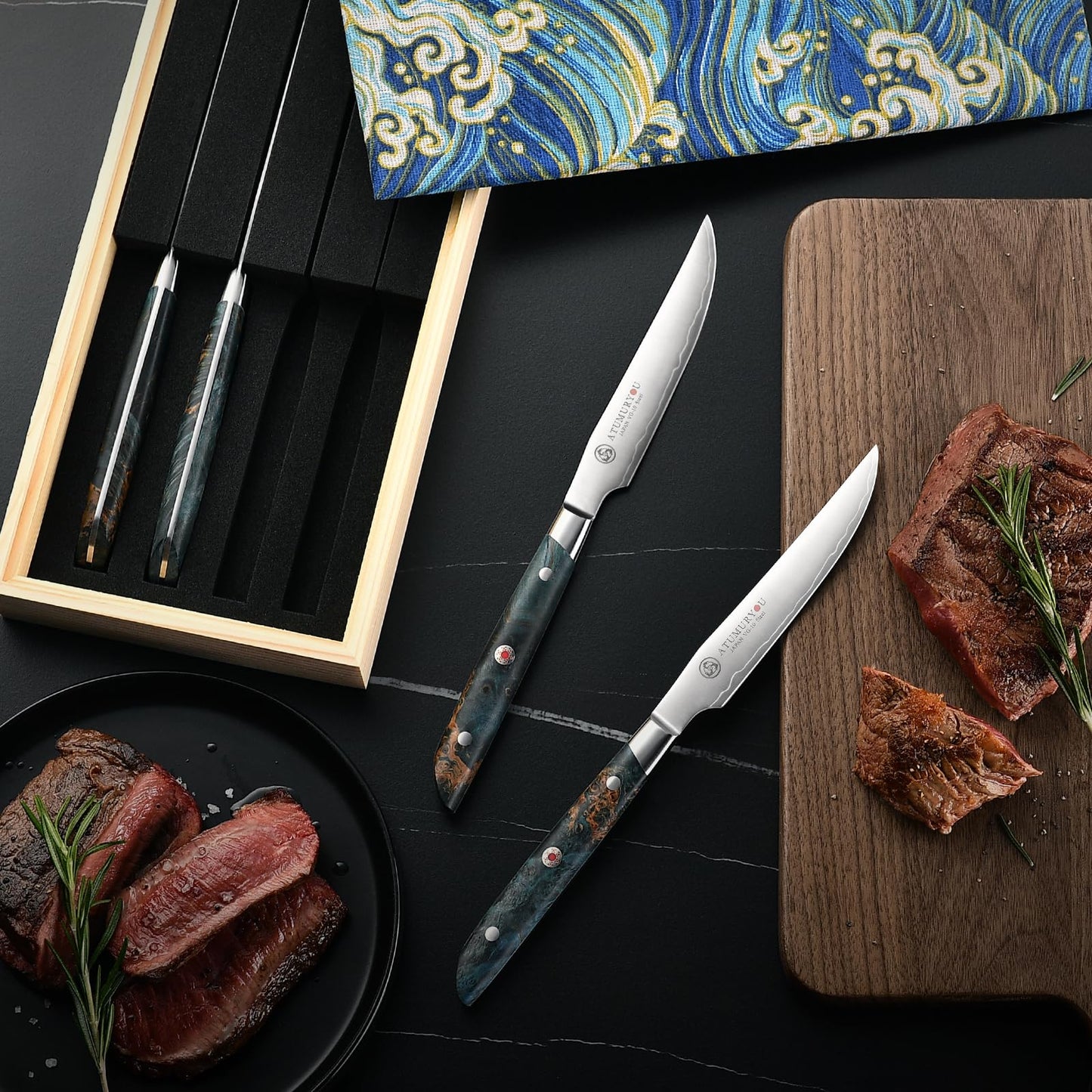 Steak Knives Set of 4, 5 inch Handcrafted Japanese VG10 Steel Kitchen Steak Knives, Non Serrated Meat Knife with Ergonomic Stabilized Wood Handle & Luxurious Wood Box, Cooking Gifts for Men Women