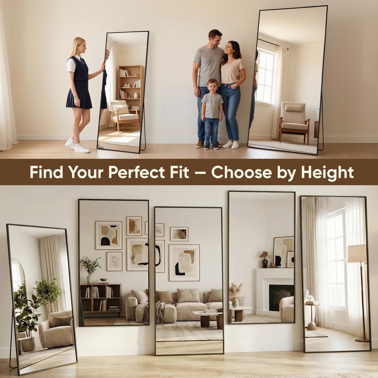Antok 82''x44'' Full Length Mirror, Shatterproof HD Oversized Floor Mirror with Stand, Aluminum Alloy Frame Leaning Standing or Wall Mounted Mirror for Bedroom Living Room Entryway, Black