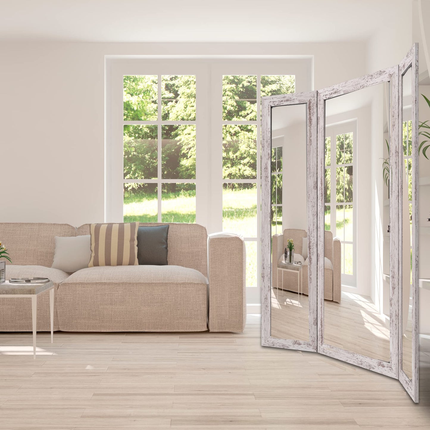 Houseables Trifold Mirror Full Length, 3 Way Mirror, Floor Length, Three Way Folding, Standing, Full Body, Wood Framed, 3 Sided for Bedroom, Makeup, Oversized, Foldable, White, 71 x 32 to 65 Inch