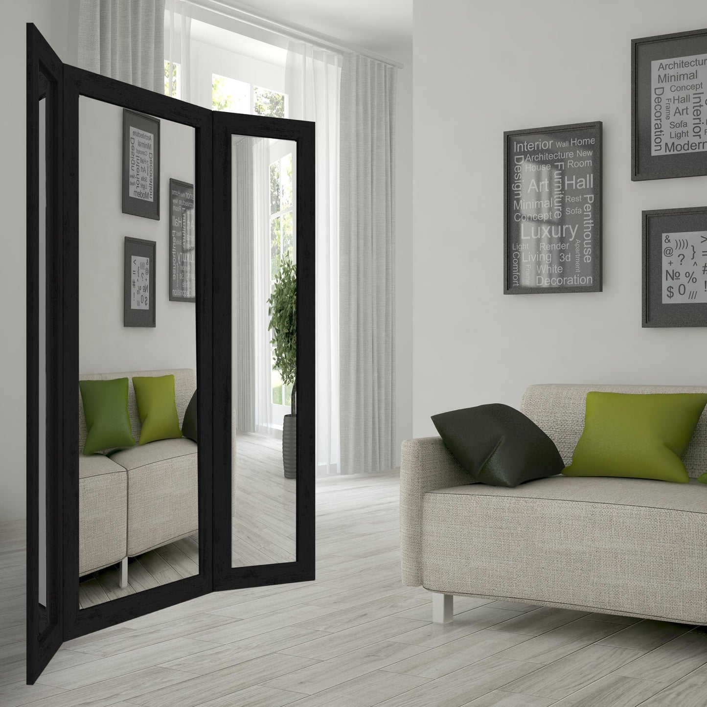 Houseables Trifold Mirror Full Length, 3 Way Mirror, Floor Length, Three Way Folding, Standing, Full Body, Wood Framed, 3 Sided for Bedroom, Makeup, Oversized, Foldable, Black, 71 x 32 to 65 Inch
