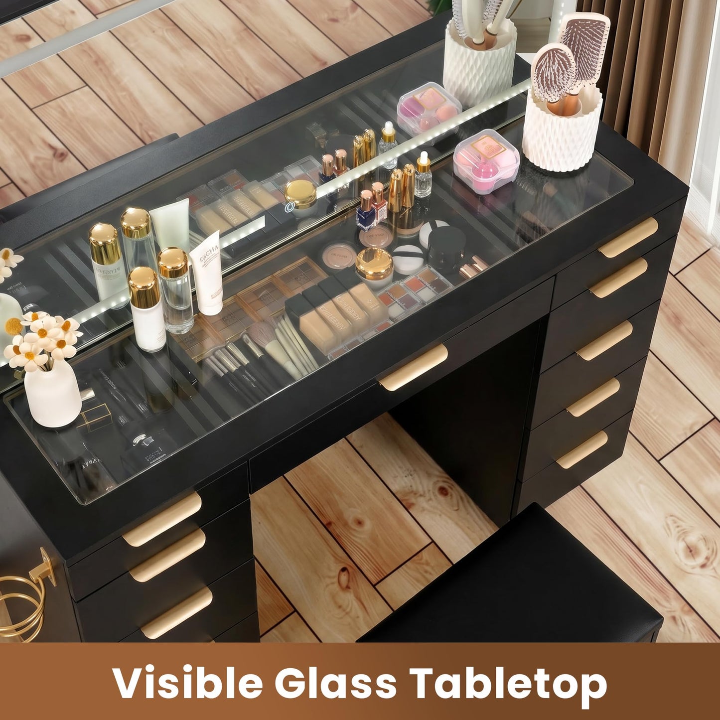 Fkhouse Glass Top Vanity Desk with Mirror and Lights, 11 Drawers Makeup Vanity with Stool, 3 Lighting Modes Dressing Table with Power Outlet, Golden Handles, Black