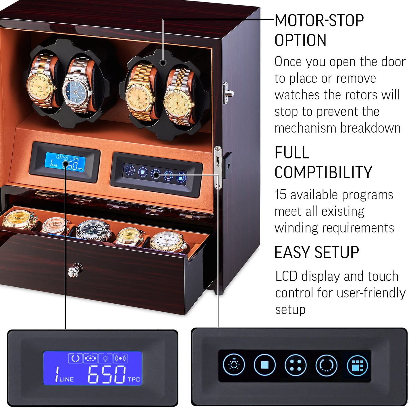 4 Watch Winder with 5 Watch Storage Space, LCD Display, Touch Control and Interior Light (Ebony + Brown)