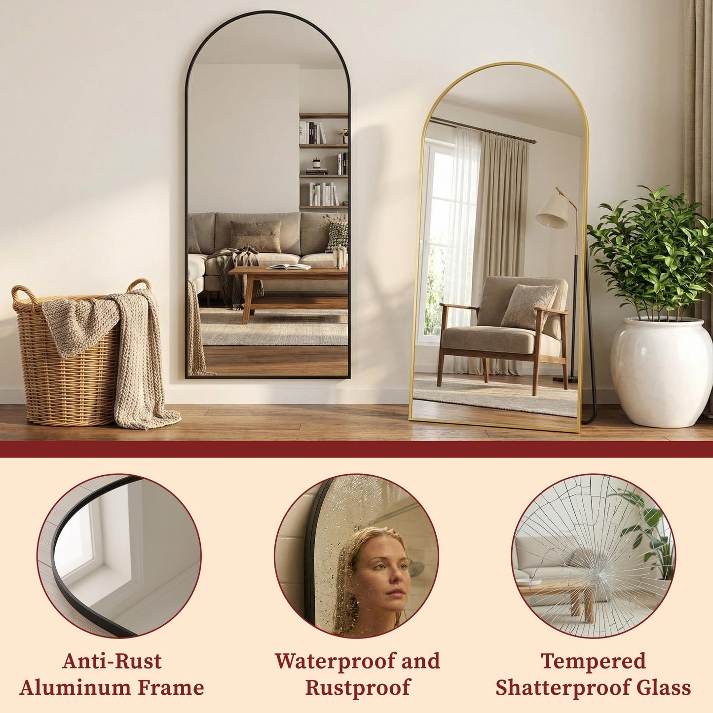 Suidia 86"x46" Arched Full Length Mirror with Stand, Full Body Mirror with Aluminum Frame, Freestanding/Leaning/Wall-Mounted, Floor Mirrors for Bedroom, Living Room, Entryway, Dressing Room, Black