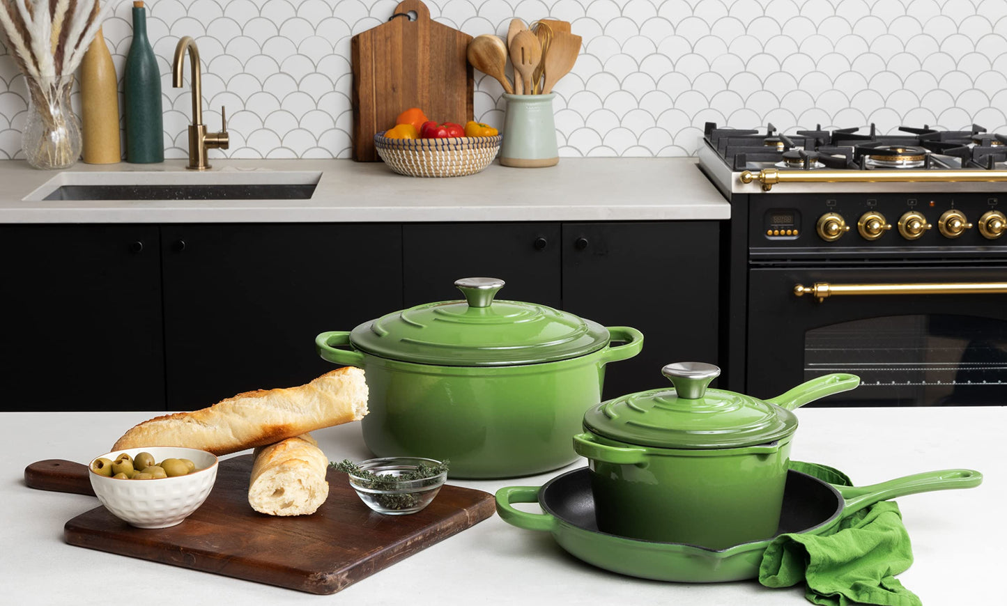 Larder & Vine 5-Piece Enameled Cast Iron Cookware Set - Includes 5.7 Quart Dutch Oven with Lid, 10.25 Inch Skillet, 2.2 Quart Saucepan with Lid (Okra)