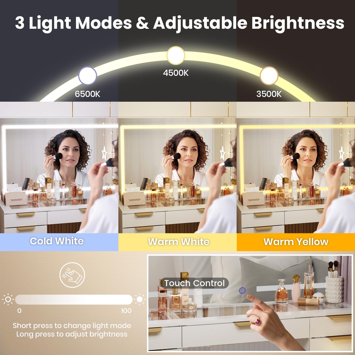 Fkhouse Glass Top Vanity Desk with Mirror and Lights, 11 Drawers Makeup Vanity with Stool, 3 Lighting Modes Dressing Table with Power Outlet, Golden Handles, White