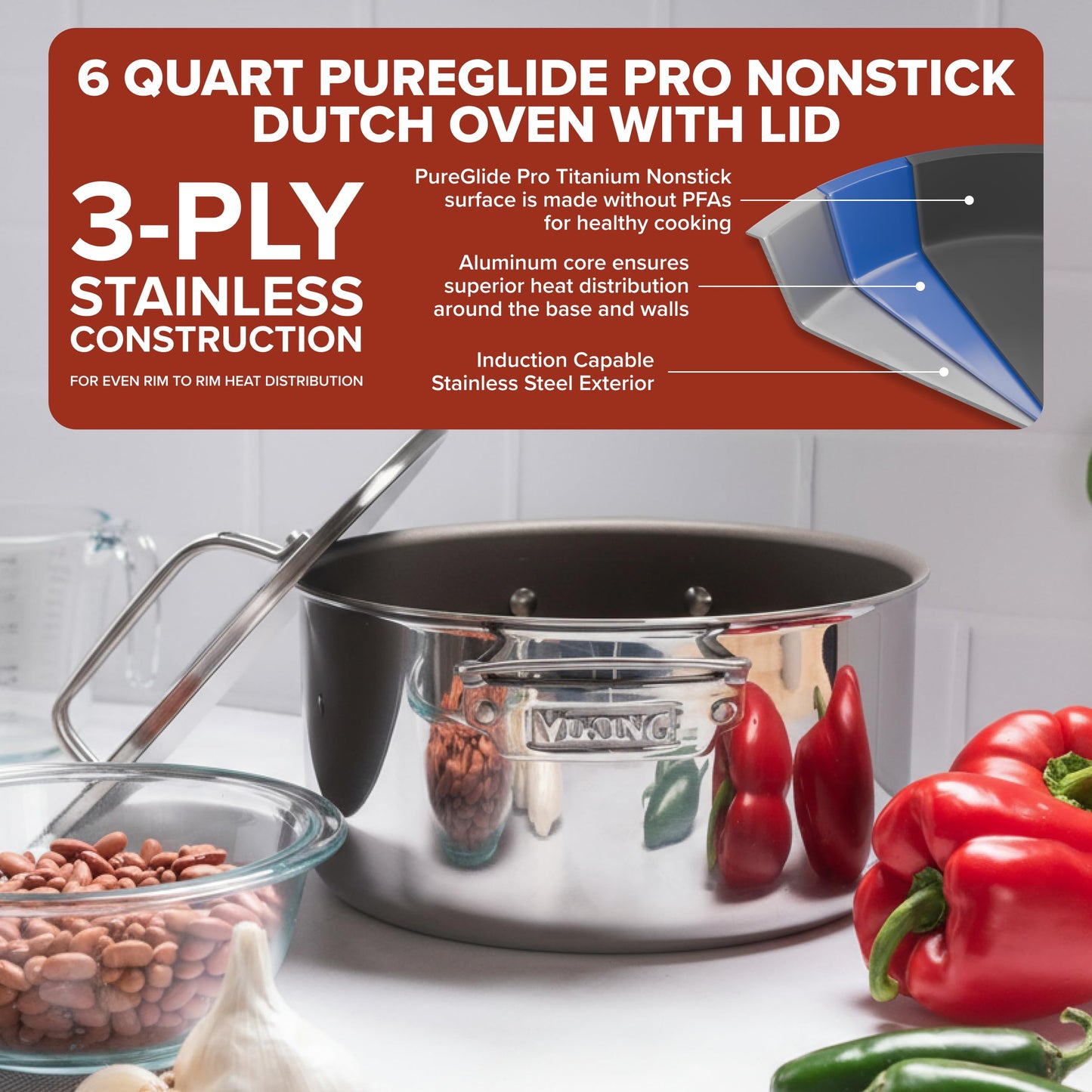 Viking PureGlide Pro 3-Ply Nonstick Dutch Oven with Lid, Made without PFAS, 6-Quart Induction Cooking Pot, Metal Utensil Safe Titanium Nonstick Surface, Oven Safe to 600F