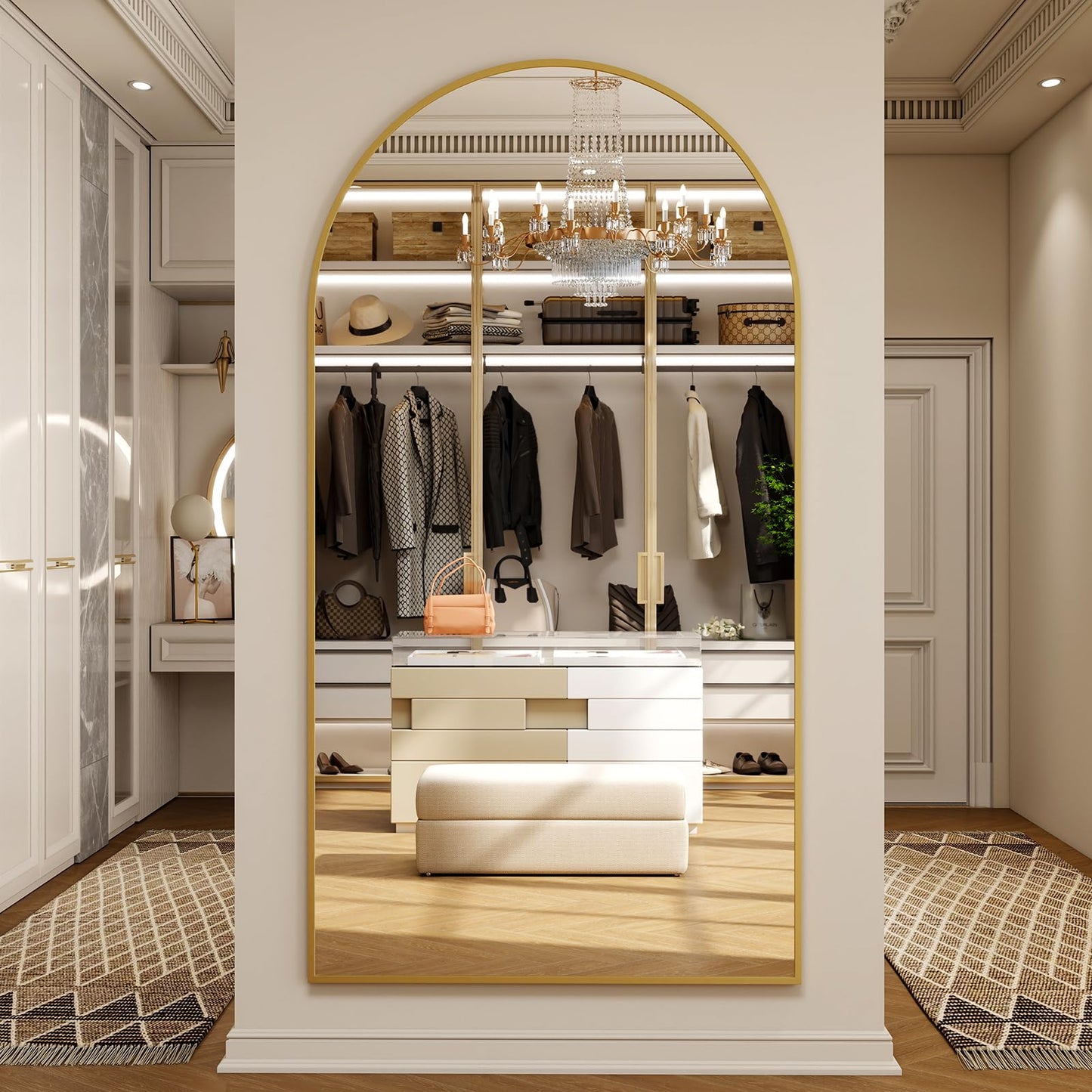 Riskioir 86" x 40" Large Arch Full Length Mirror - Floor Full Body Mirror with Aluminum Frame - Standing, Leaning or Hanging, for Bedroom, Living Room, Gold