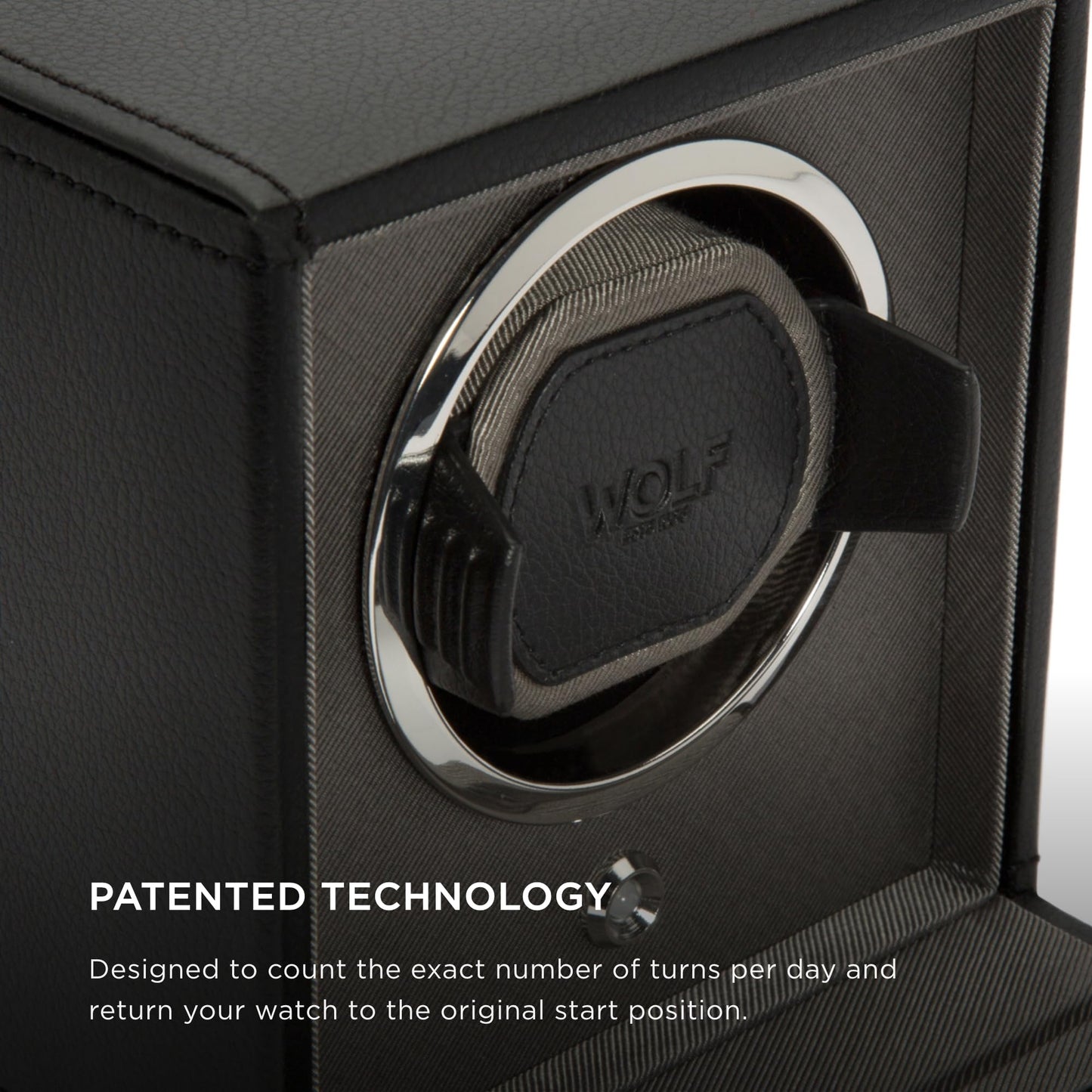 Wolf Cub Single Watch Winder with Glass Cover, Black - Secure Fit with Patented Lock-in Dynamic Cuff - Accommodates All Wrist Sizes - Vegan Leather - Includes Universal Adapter
