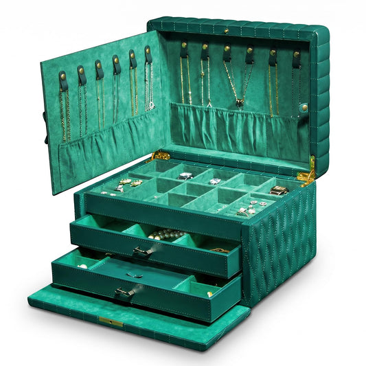 Homruilink Genuine Leather Jewelry Box – 3 Layer Large Jewelry Organizer with Mirror, Lockable Jewelry Box for Women – Necklace, Ring, Earring Organizer with Drawer - Ideal Gift (Green)